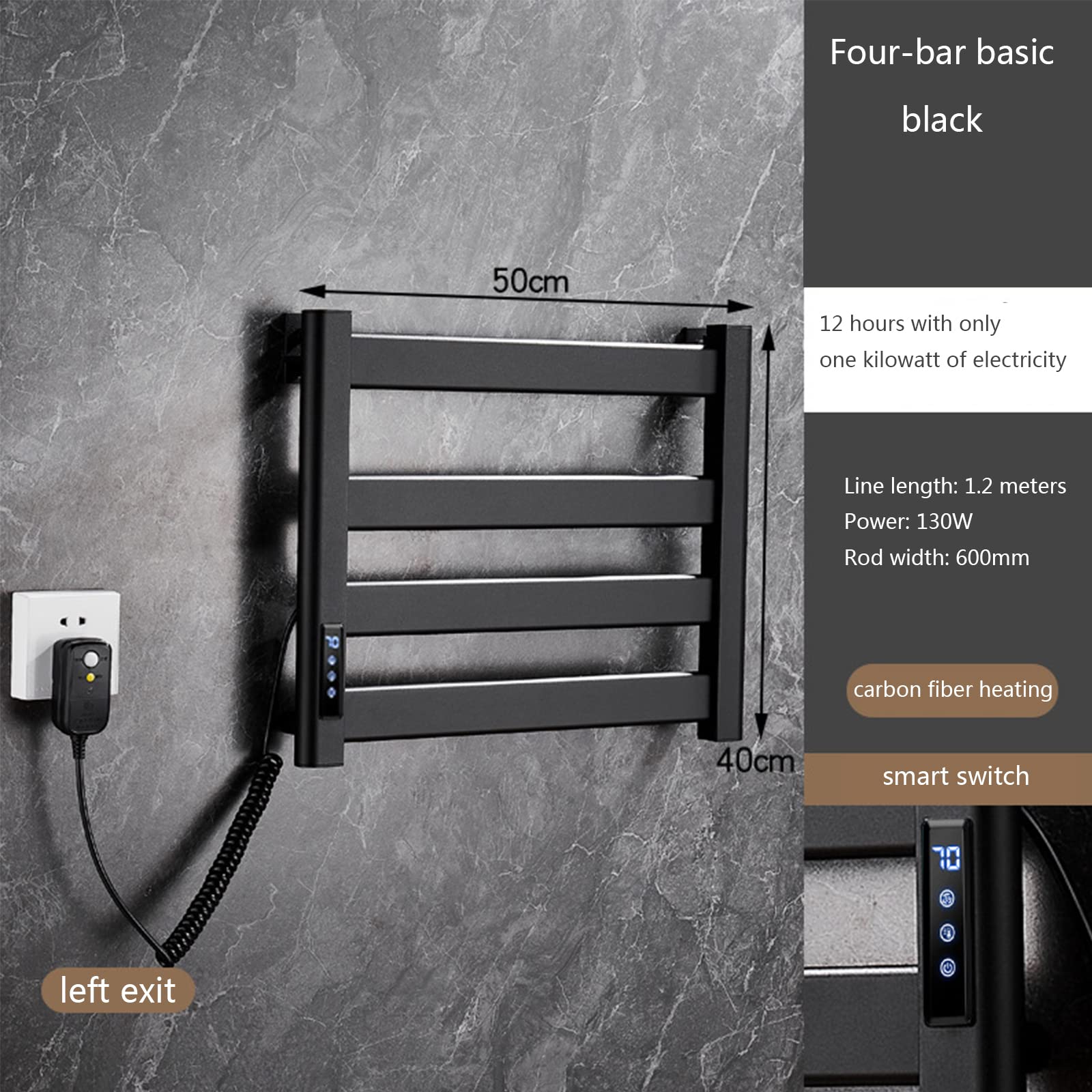 Calentador de Toallas eléctrico para baño, toallero calefactado, radiador con Estante, toallero calefactado de Pared para baño (Black-Left Exit)
