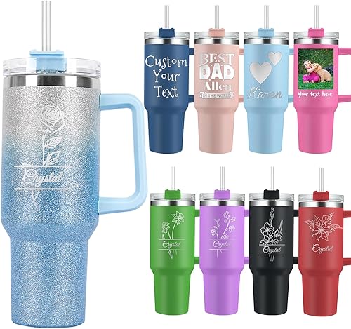 Miniatura 1 de Vaso personalizado con asa de 40 onzas con nombre grabado personalizado con texto y tapa con pajilla, vasos aislados de acero inoxidable