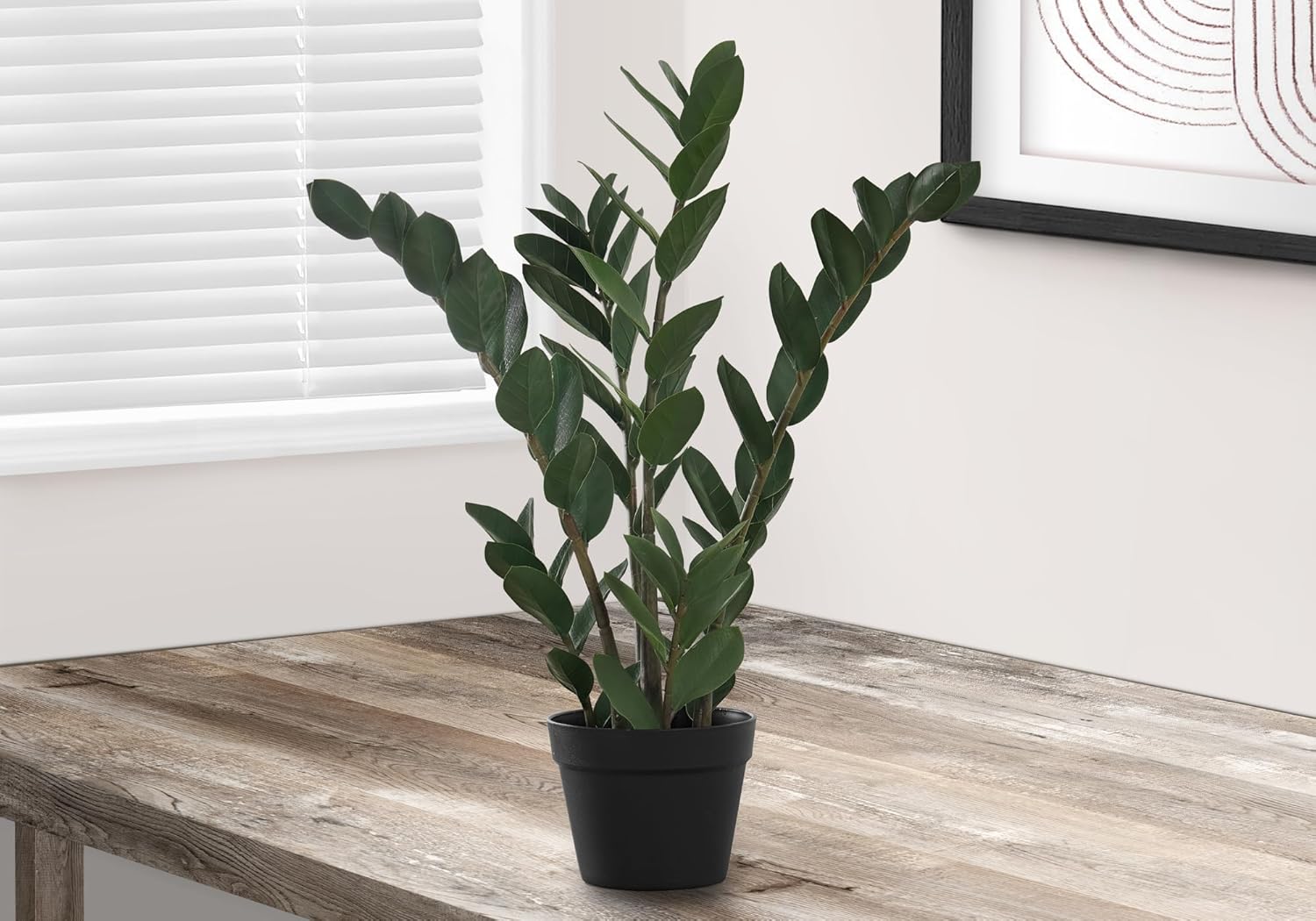 Artificial ZZ Tree Plant, 29" Tall, Green Leaves, Black Pot, Real Touch, Indoor Faux Potted Greenery