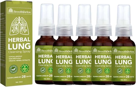 5pcs- Herbal Lung Cleansing Spray, Powerful Lung Breath Spray - Natural Essence, Breath Detox Mist for Respiratory Support, Clears Lungs Of Mucus & Waste, 30ml Portable Travel Friendly Each