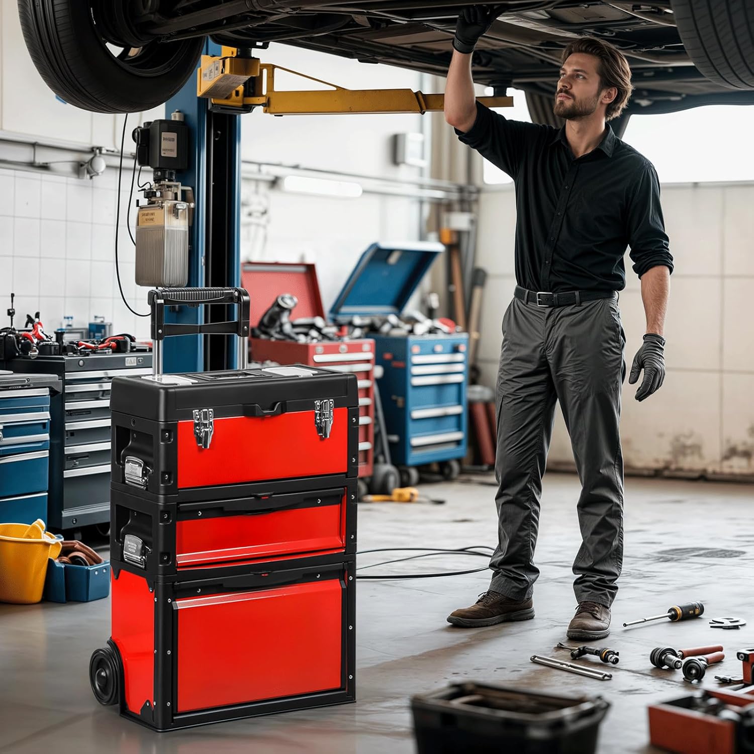 Magshion Heavy-Duty Rolling Tool Box, 3-Tier Stackable Tool Chest System with Wheels & Drawers, Modular Organizer for Small Parts and Tools, Mobile Garage Workshop Storage in Black/Red