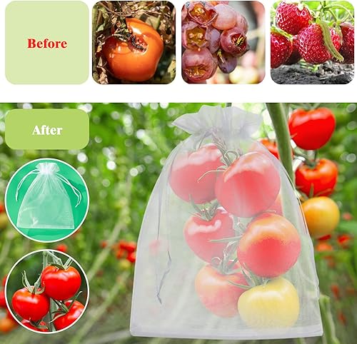 Miniatura 7 de 50 bolsas de protección de frutas, 8 x 12 pulgadas, bolsas de red de frutas blancas para árboles frutales, bolsa de malla con cordón, bolsas de