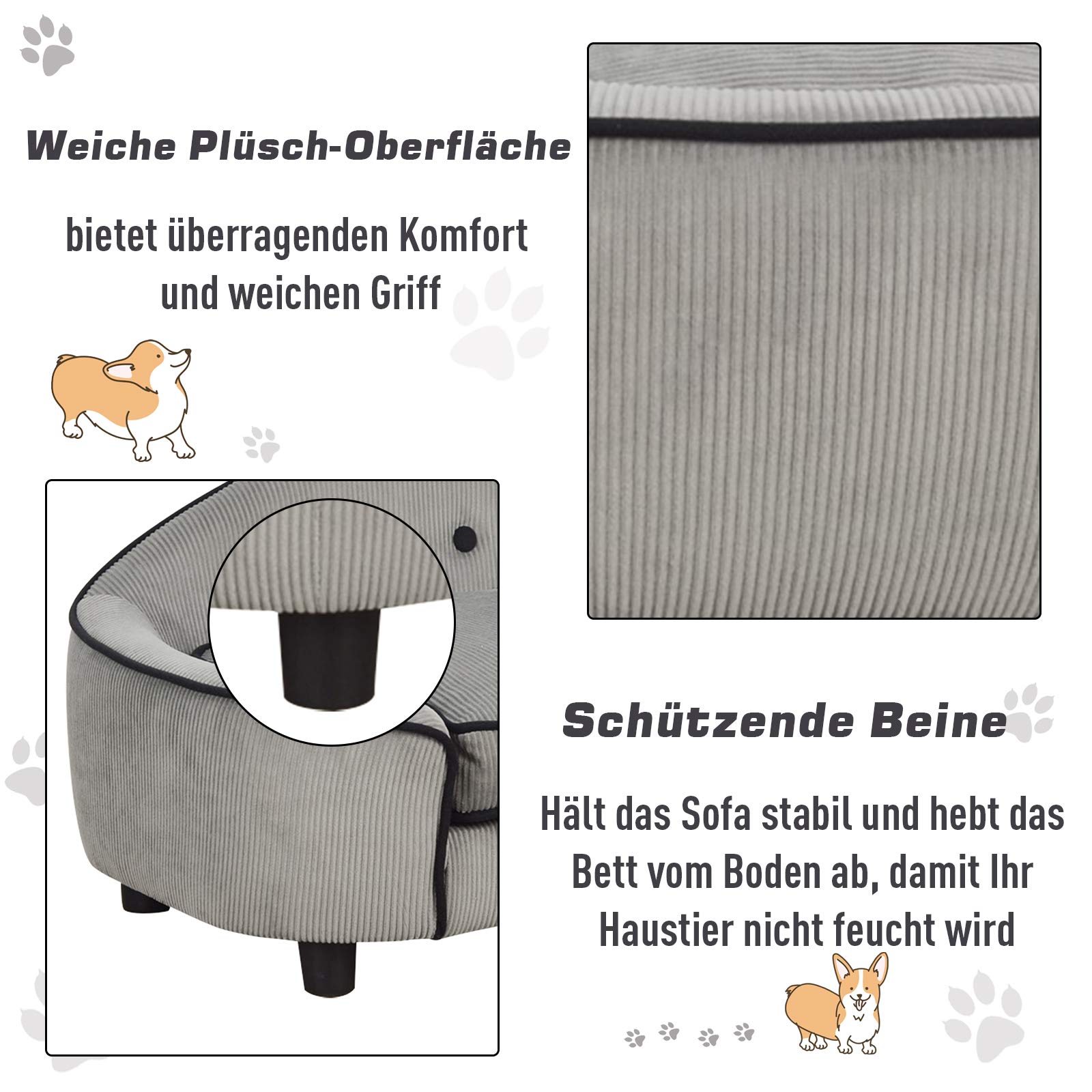 PawHut Haustiersofa, Hundebett, Hundematte, Hundesofa, Naturholz+Plüsch, Grau, 66,5 x 45 x 35,5 cm