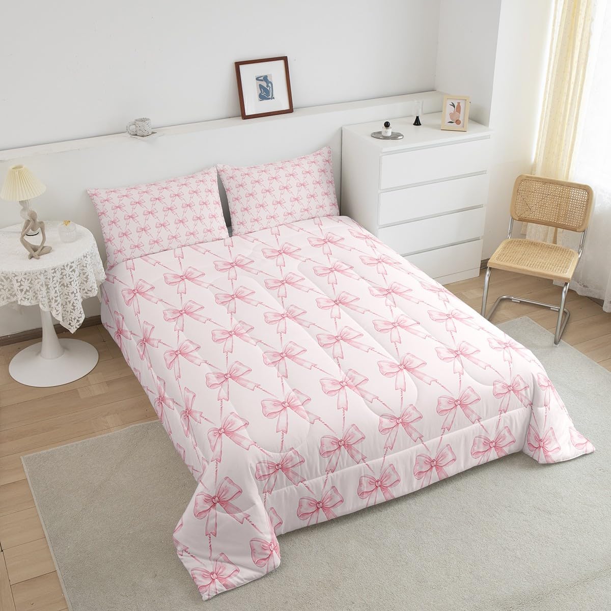 Feelyou Bow Comforter Set Queen Size Pink Girls Bow Bedding Set Boys Girls Cute Bowknot Comforter for Kids Women Men Kawaii Duvet Set Bow and Stripes Quilt Set 3Pcs