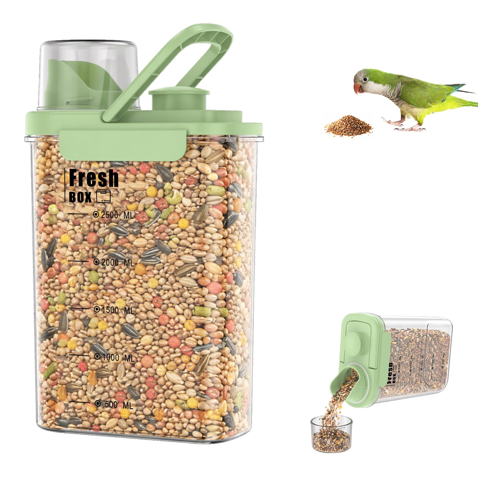 Bird Seed Storage Container with Airtight Lid, Large Cereal Storage Bin with Pour Spout and Hidden Handle, Leakproof Seed Dispenser Pet Food Container for Rice, Grain, Flour, Dry Food(2.8L)