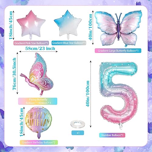 Miniatura 9 de Globos de mariposa para decoración de cumpleaños de 4 años para niñas, globos de aluminio de color rosa degradado, globo gigante de Mylar con el