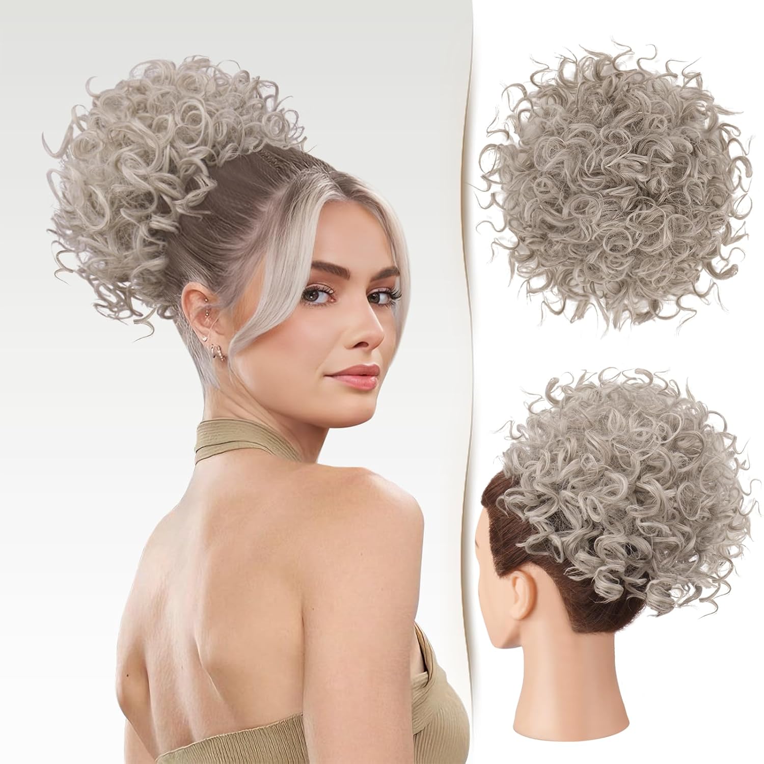 Drawstring Messy Bun Hair Piece, 10 Inch Curly Bun Extension for Women, Secure Hair Bun with Comb, Fluffy Natural Looking Updo Hairpiece (Warm Gray With Brown Mixed)