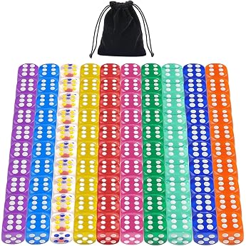 Dice 100 Pieces Colourful Dice Set 16 mm Colour Cube 6 Sides Dice with Pocket Pockets Game Cube for Place Card Games Acrylic Dice 10 Colours for Math Lessons