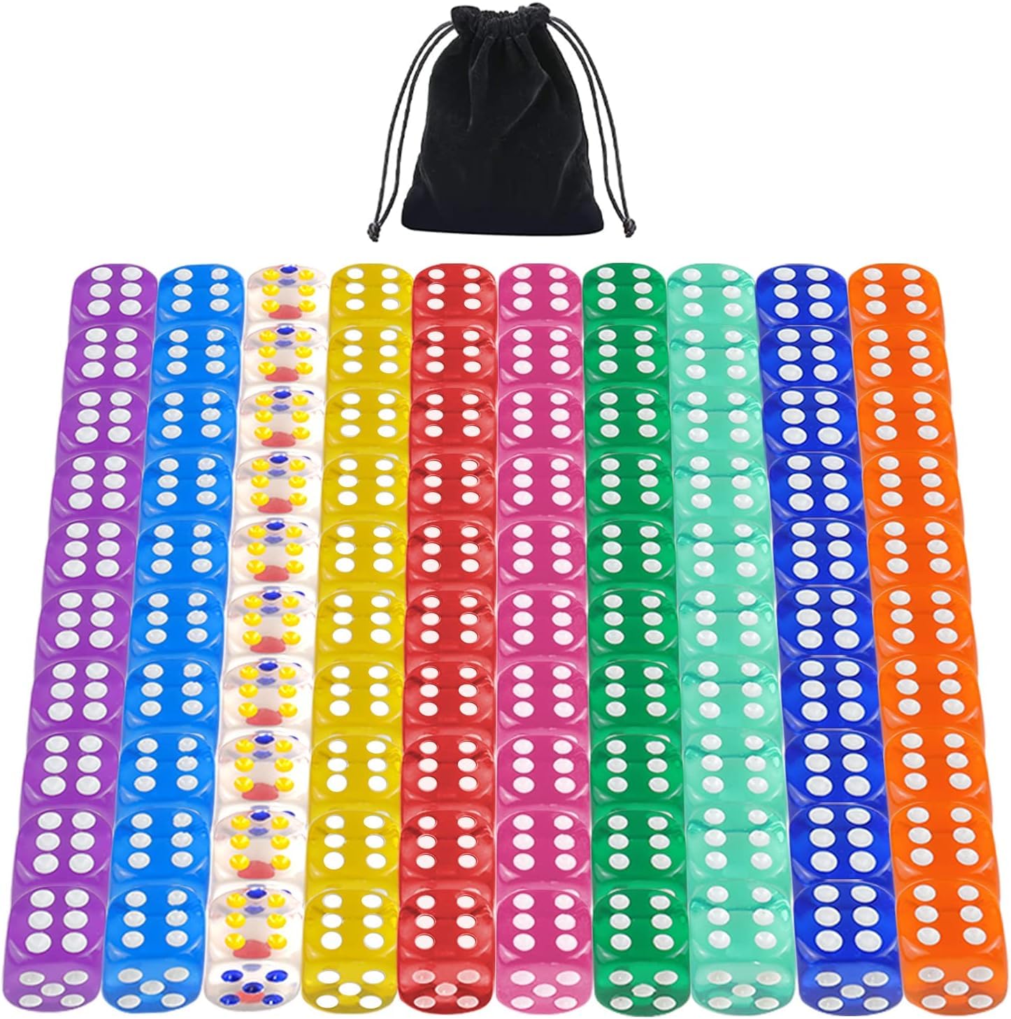 QUTHZZHY 100 Pieces 6-Sided Dice Set 10 Colours 16 mm Transparent Acrylic Dice with Free Velvet Bag Dice for DND MTG RPG Tenzi Yahtze Bunco Table Board Games Math Lessons Math
