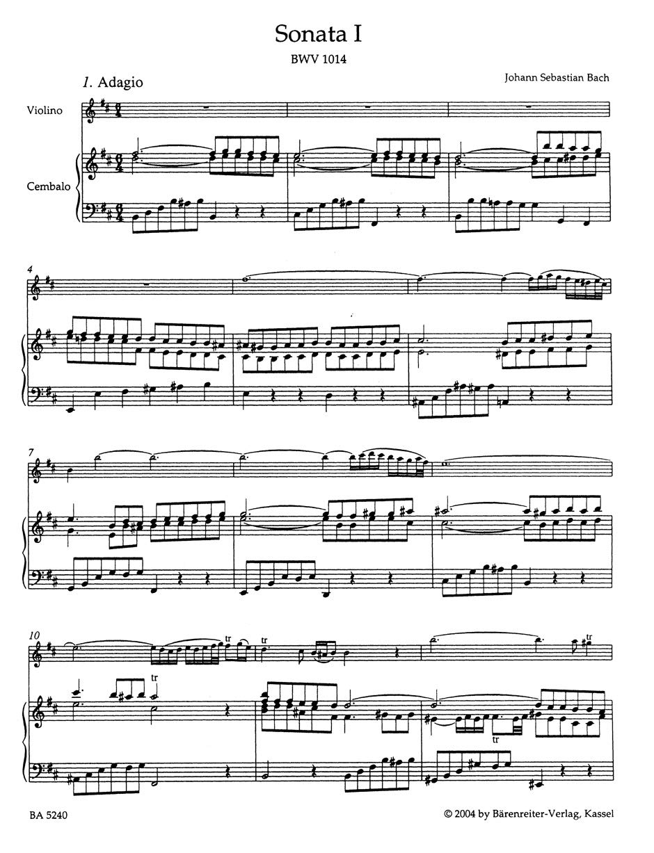 6 Sonaten für Violine u. obligates Cembalo in 2 Bänden. BWV 1014-1019: Stimmen: Violinstimme und Stimme für Viola da gamba (Verstärkung der Bassstimme). Urtext