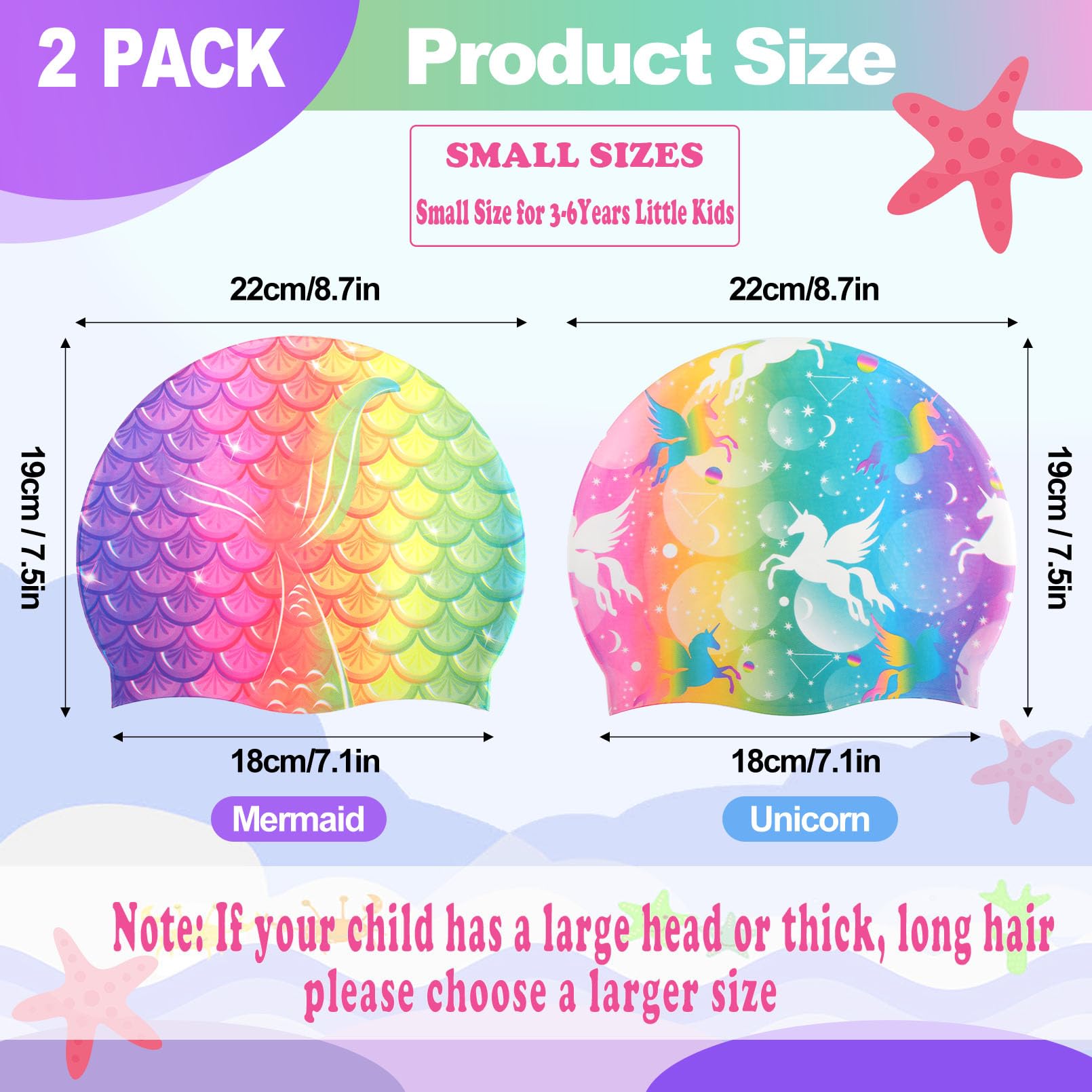 Dyrfolm 2 Pack Kids Swim Caps,Silicone Swim Caps for Kids Girls,Waterproof Swimming Caps,Mermaid Unicorn Swimming Hats,Non Slip Bathing Cap for Long and Short Hair,Keep Hair Dry