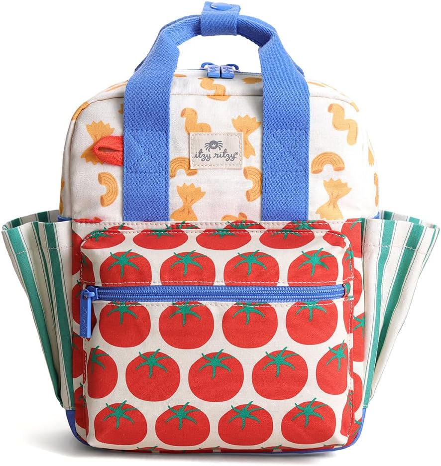 Itzy Ritzy Toddler Backpack - Daycare Bag - Features Adjustable Shoulder Straps, 2 Side Pockets & Spacious Interior with Wipeable Fabric Lining & Name Label, Pasta