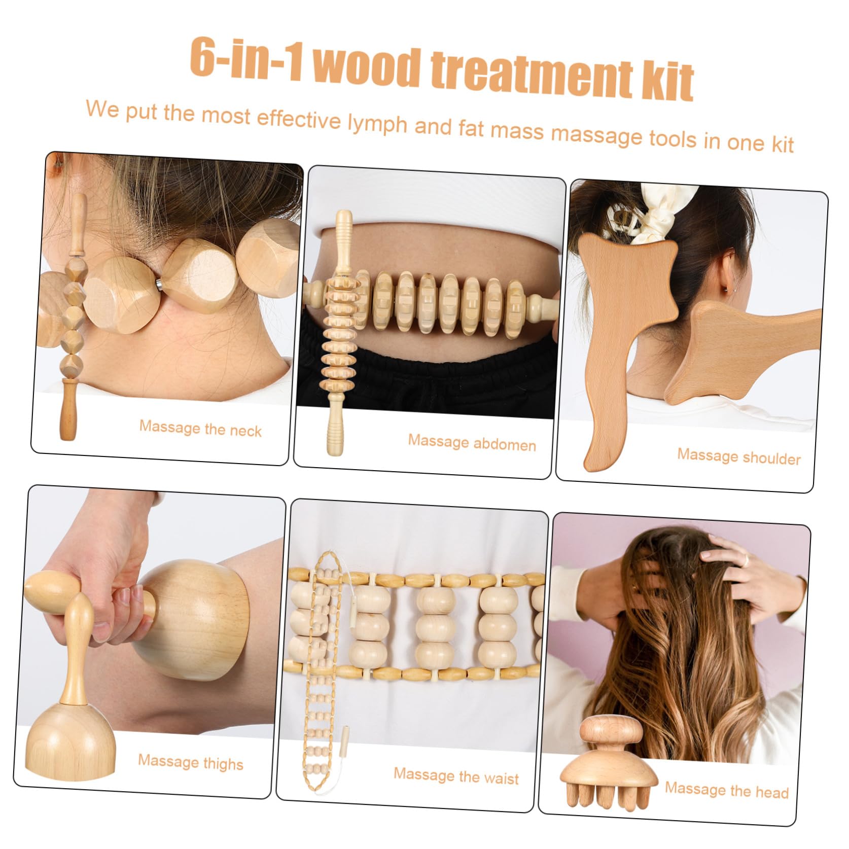GARVALON Rodillo Masajeador Anticelulitis, Kit de Maderoterapia de 6 Piezas en Madera, Tabla de Masaje Manual para Espalda, Uso en Oficina