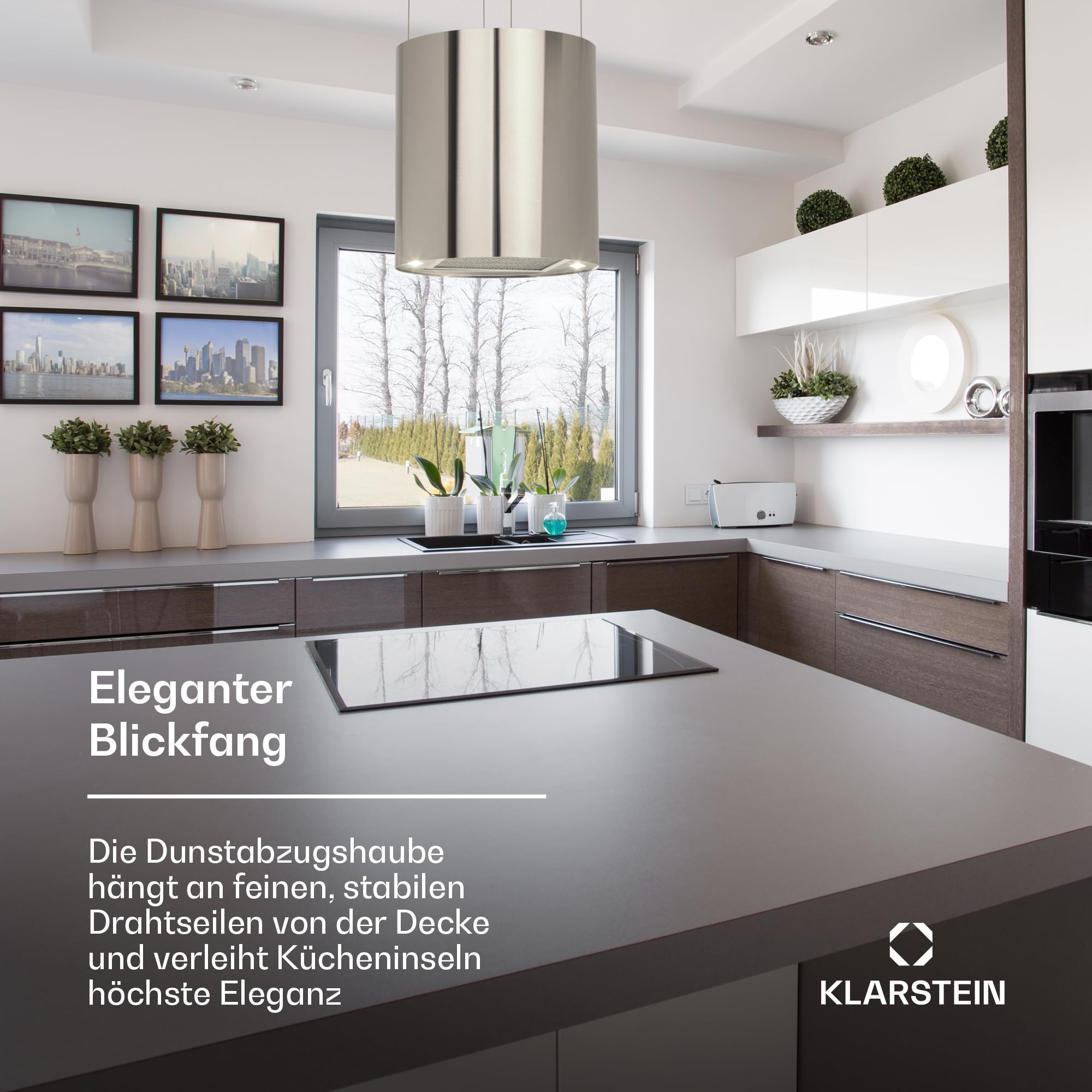 Klarstein Insel-Dunstabzugshaube Freihängend 583m³/h Abluft/Umluft 3 Stufen Aktivkohlefilter
