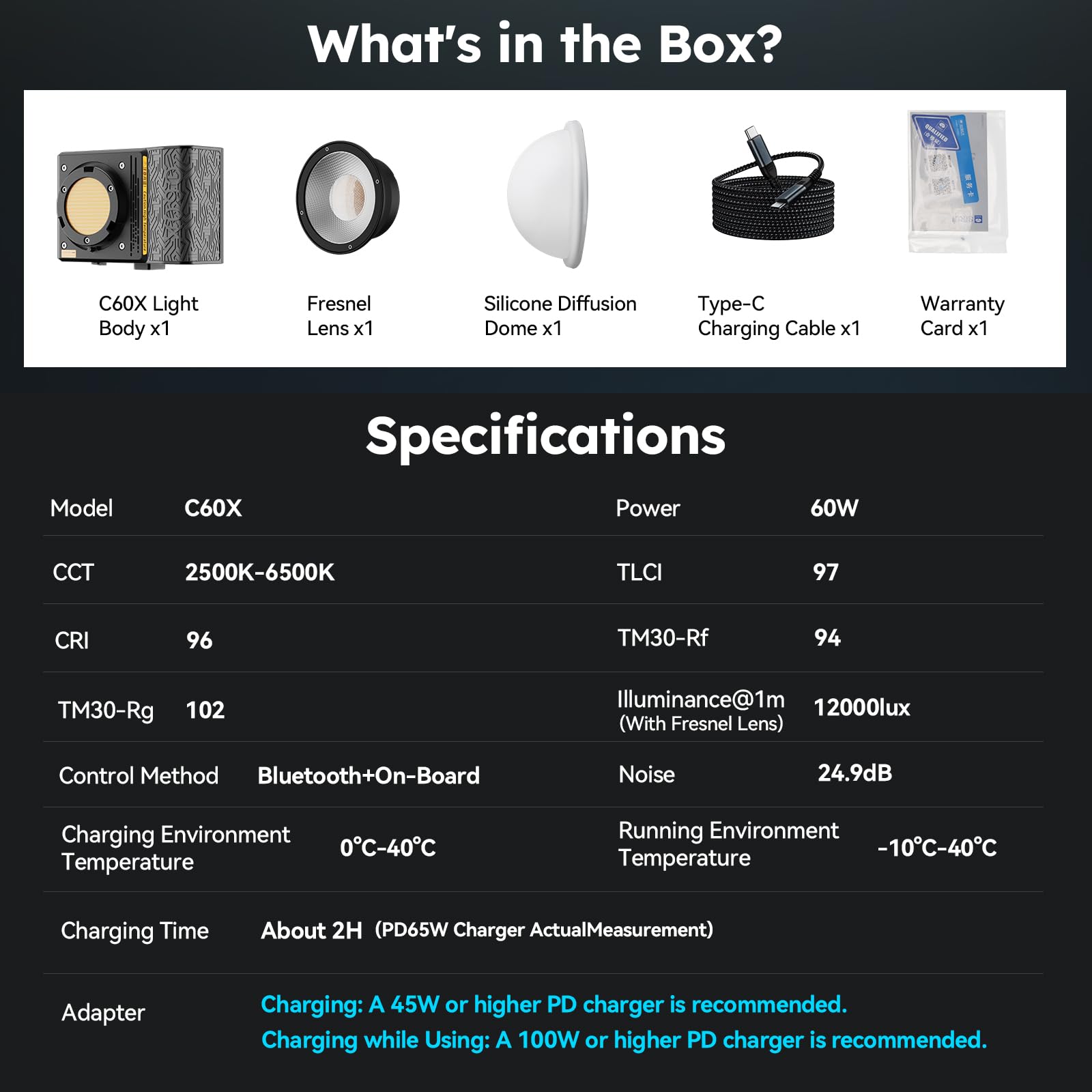 SIRUI C60X 60W LED Tragbares Fotolicht Videolicht Ultra-Leise (24.9dB), 0.53KG Kompakt, 2H Schnellladung, 13.000 Lux, Bluetooth-Steuerung für Studio/Outdoor-Videobeleuchtung