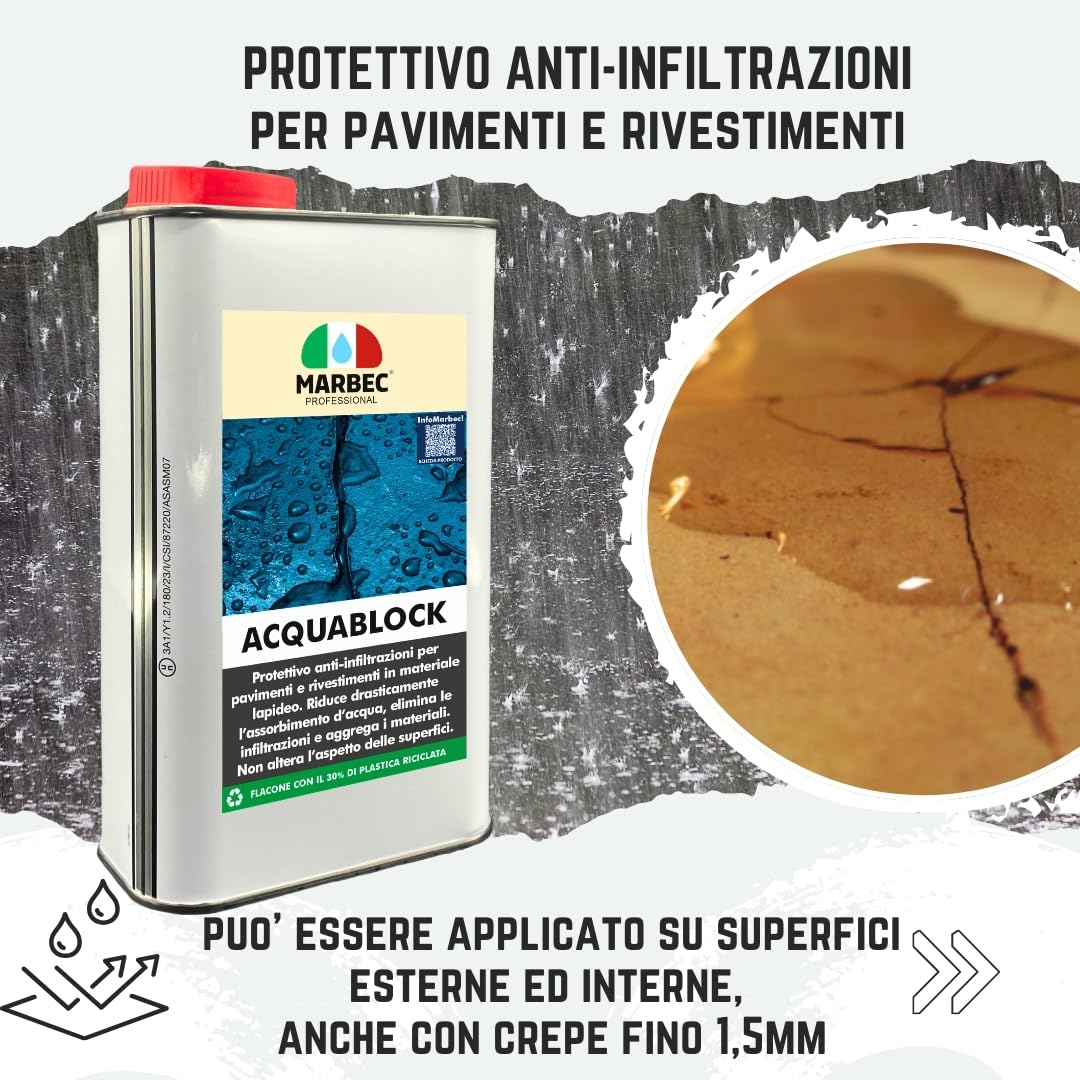 MARBEC ACQUABLOCK 1LT Protettivo consolidante anti infiltrazioni invisibile per pavimenti, rivestimenti, terrazze e docce interne ed esterne