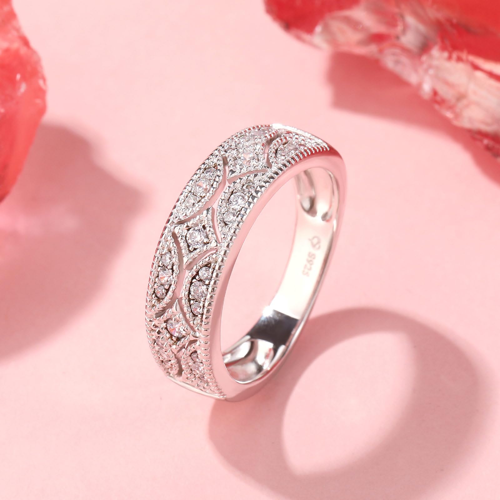 Jeulia 925 Sterling Silber Ringe Milgrain Rundschliff Damen Band Jubiläum Versprechen Ringe mit Schmuckschatulle für Sie Frauen Mädchen