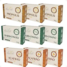 Kit com 9 Sabonetes Naturais Veganos Alquiverde – Própolis, Barbatimão e Açafrão | Hidratante, Antisséptico, Cicatrizante, Artesanal, Ecológico e Sustentável para Todos os Tipos de Pele