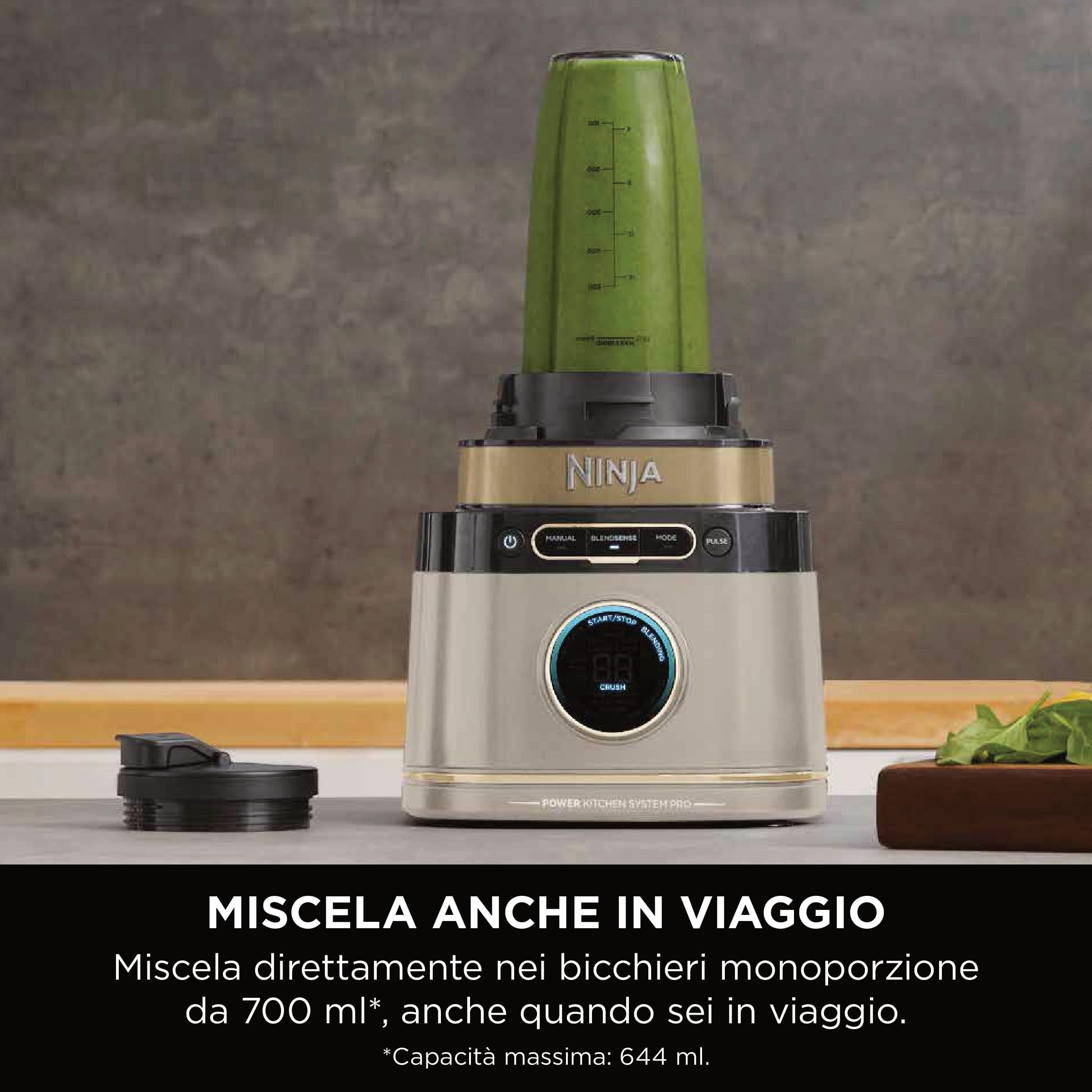 Ninja Frullatore Detect Power Processor Pro 3 in 1 1200W, Robot da Cucina, 3 Bicchieri Monoporzione, Caraffa da 2.1L, Lame per Impastare, Frullare, Tritare e Miscelare, Pietra oro, TB401EUSTGD