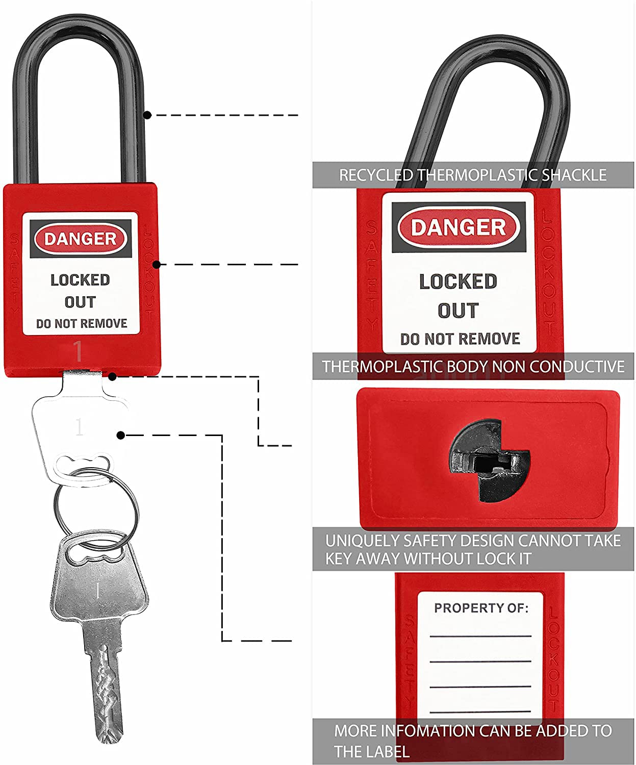 RecycLock Candado de seguridad, con llave diferente, OSHA Loto Candados de seguridad para estaciones de bloqueo y dispositivos con número (1-10)