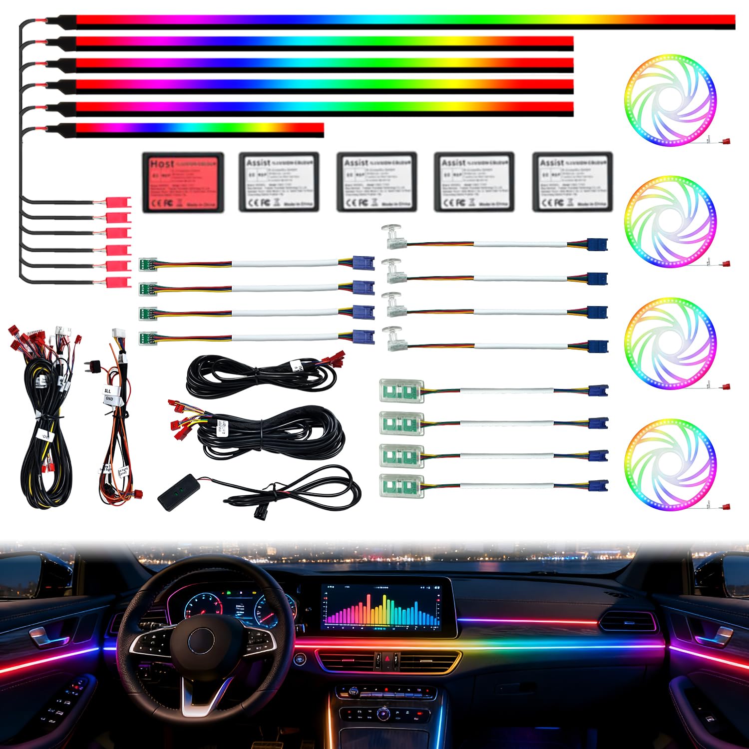 Illuminazione per interni auto, 22-in-1 HMYC 128 strisce luminose LED in fibra ottica acrilica colorate, illuminazione ambientale decorativa universale con ritmo sincronizzato alla musica, controllo