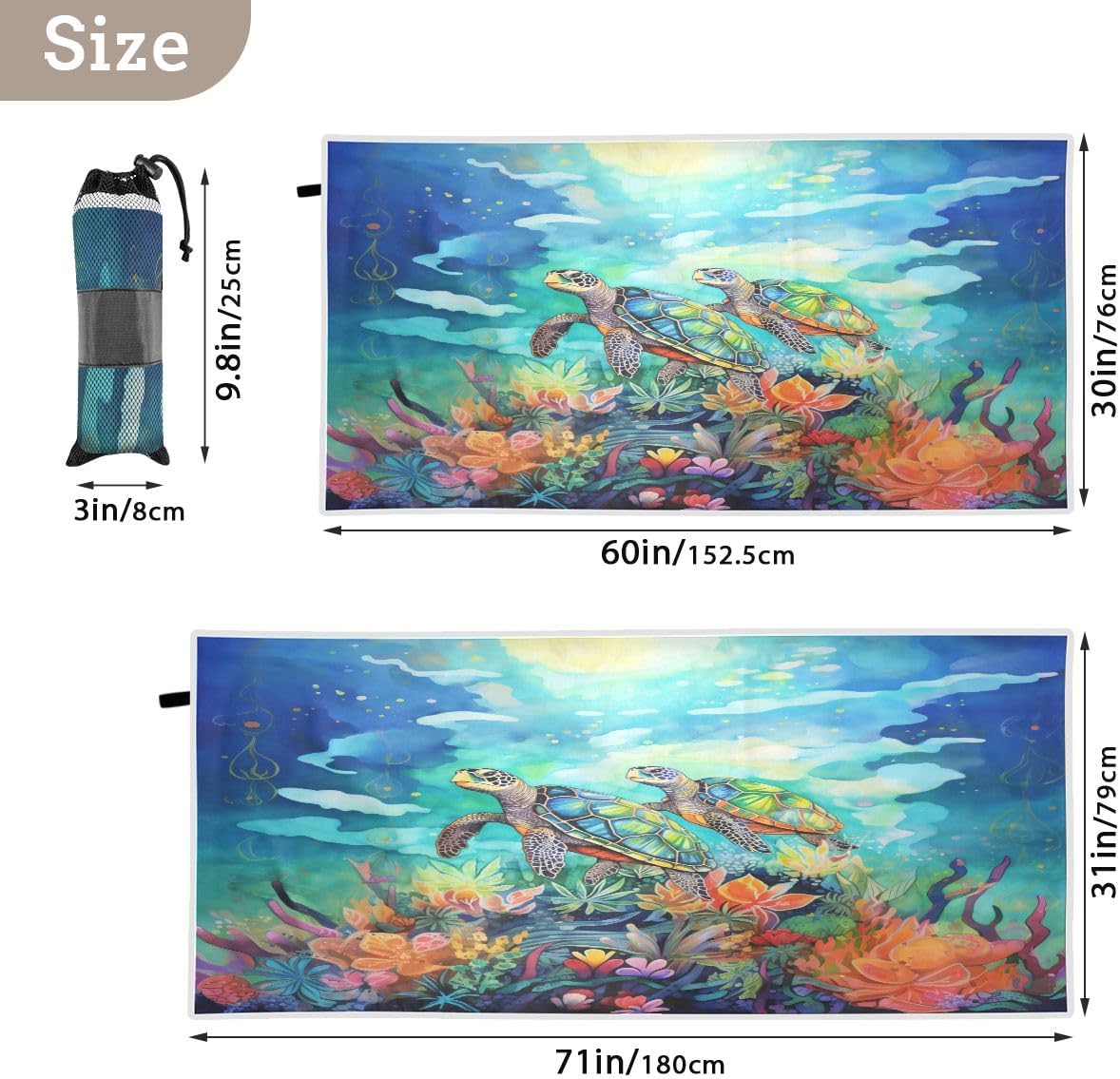 SUABO Sea Turtle Beach Towel 31"x71" Oversized Lightweight Travel Bath Towel Extra Large Quick Dry Towel for Swimmers Pool Camping Women Men