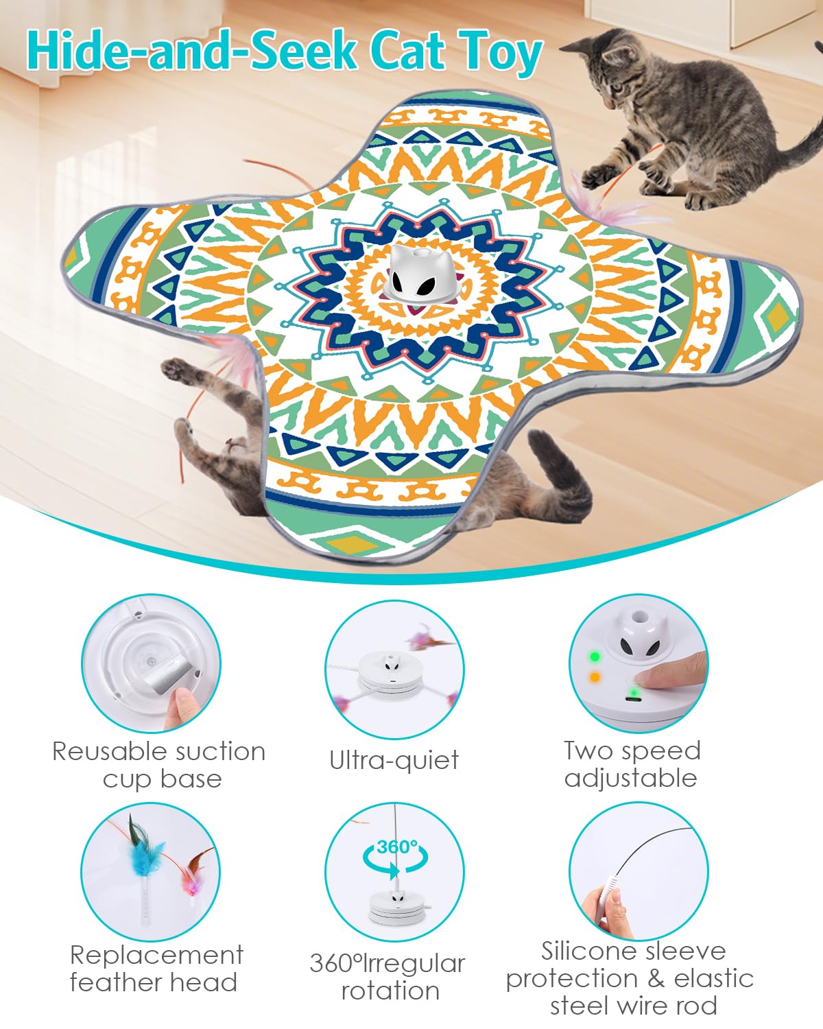 Juguete interactivo para gatos, juguetes recargables para gatos de interior, juguete automático de persecución de gatos, escondite, 2 modos, base de succión autosuficiente, juguetes de plumas