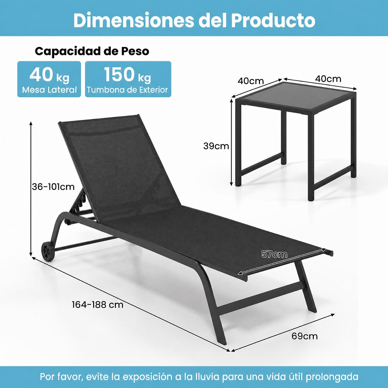 COSTWAY Tumbona Jardín Exterior con Ruedas y Mesa Auxiliar (Negro)