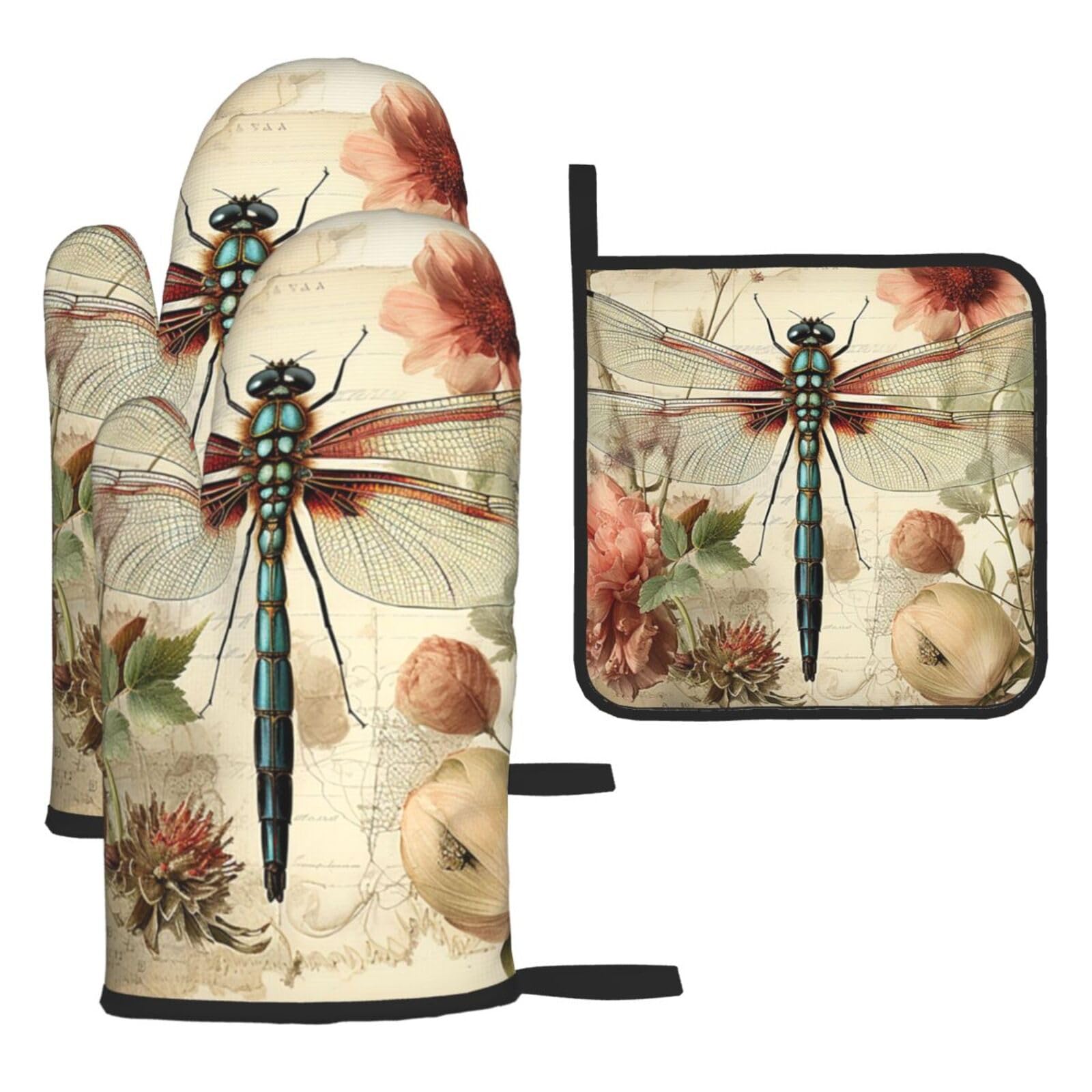 Oven Mitts and Pot Holders Sets of 3 Dragonfly Bee Oven Mitts 3 Pcs Heat Resistant Non Slip Ovens Gloves Hot Pads Kitchen Gloves Potholders for Baking Cooking BBQ Grilling