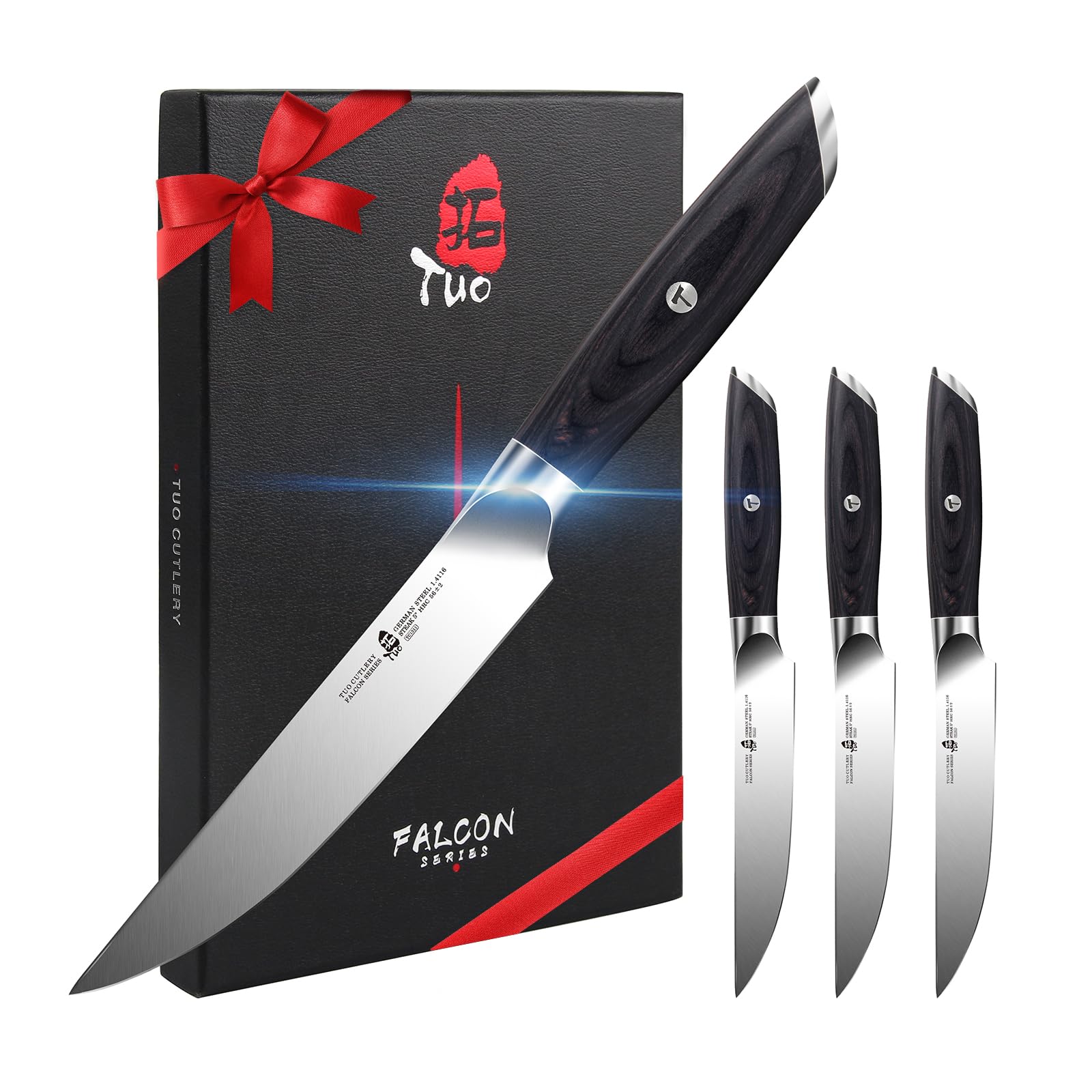 TUO Steak Knife Set of 4, 5 Inch Table Dinner Knife, High Carbon German Steel, Full Tang Handle with Gift Box - Falcon Series
