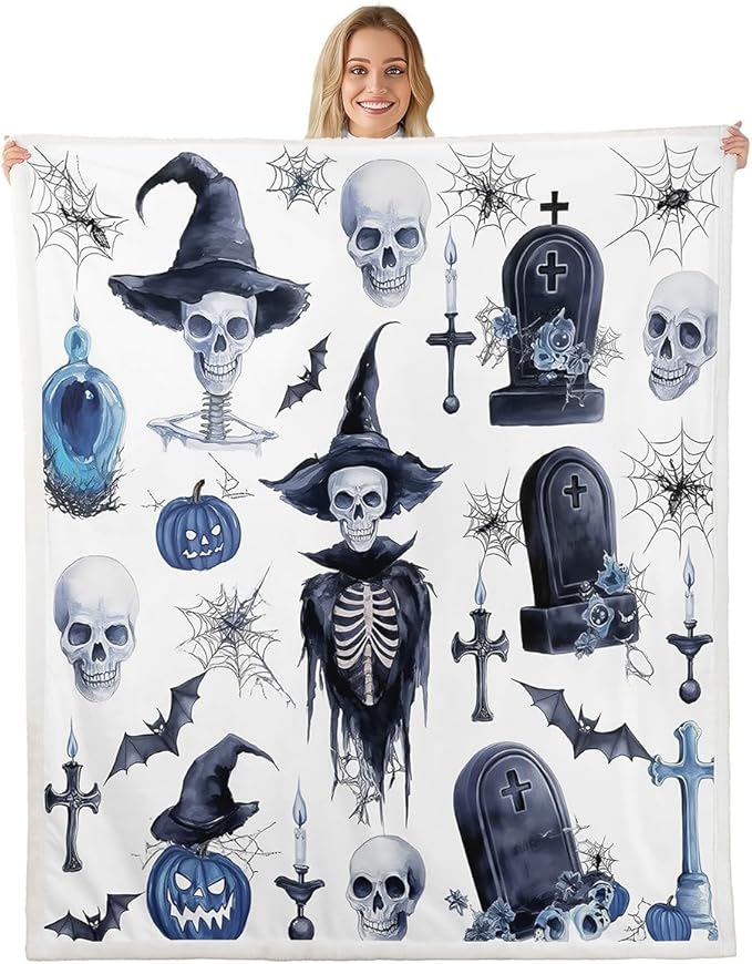 Erosebridal Skeleton Halloween Decor Sugar Skull Blanket Gothic Witch Hat Throw Blanket 40