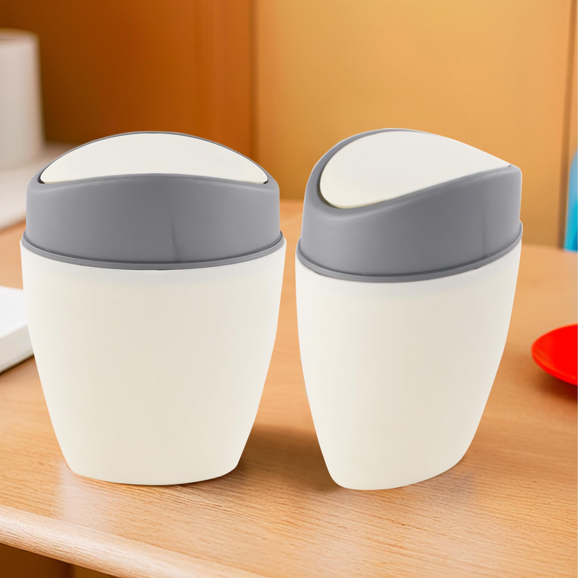 Kuber Industries 2 Pcs Plastic 2.5 Ltr Mini Dustbin for Study Table/Bedroom/Bathroom with Swing Lid | Portable Small Dustbin for Kitchen Sink | Table Top Office Desk Trash Can Waste Bin | White