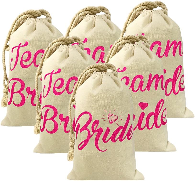 Crazy Night 6Pcs 5.5X8.85 Inches Birde Team Bride Catton Drawstring Gift Bag for Wedding Party Favors Wedding Bridal Shower Bachelorette Party (Hot Pink)