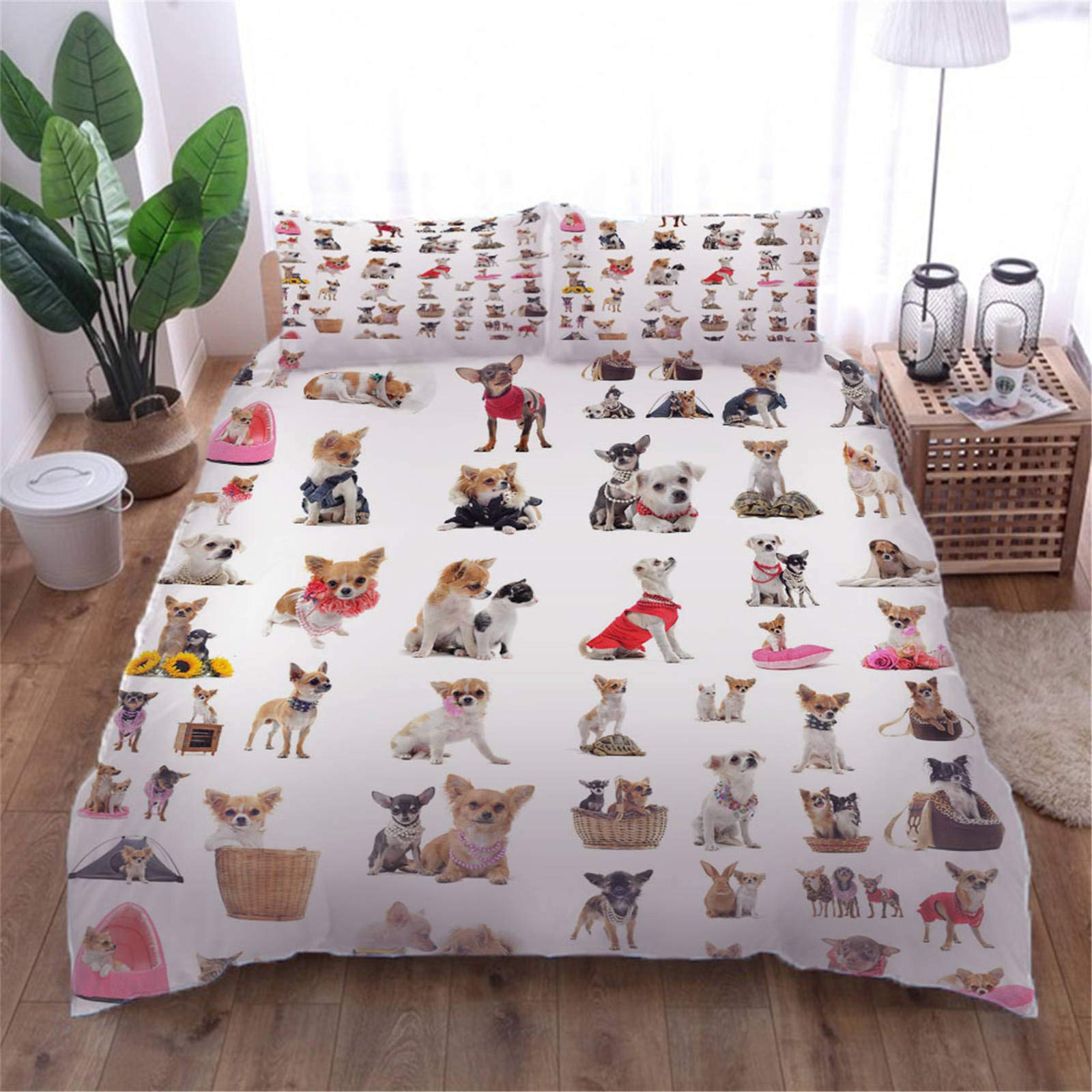 AOUAURO Single Duvet Cover Set Chihuahua 3D Printed Bedding Set with Zipper Closure in Polyester 1 Quilt Cover 2 Pillowcases for Children Adults Teens 140x200cm 3PCS Set
