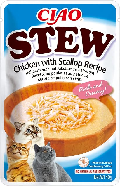 Ciao Stew by INABA Cat Treat - Chicken with Scallop - 1 Pack (40g total) / Moist Cat Treat, Delicious & Healthy Snack, Food Topper, Side Dish, Complement, Natural, Grain Free