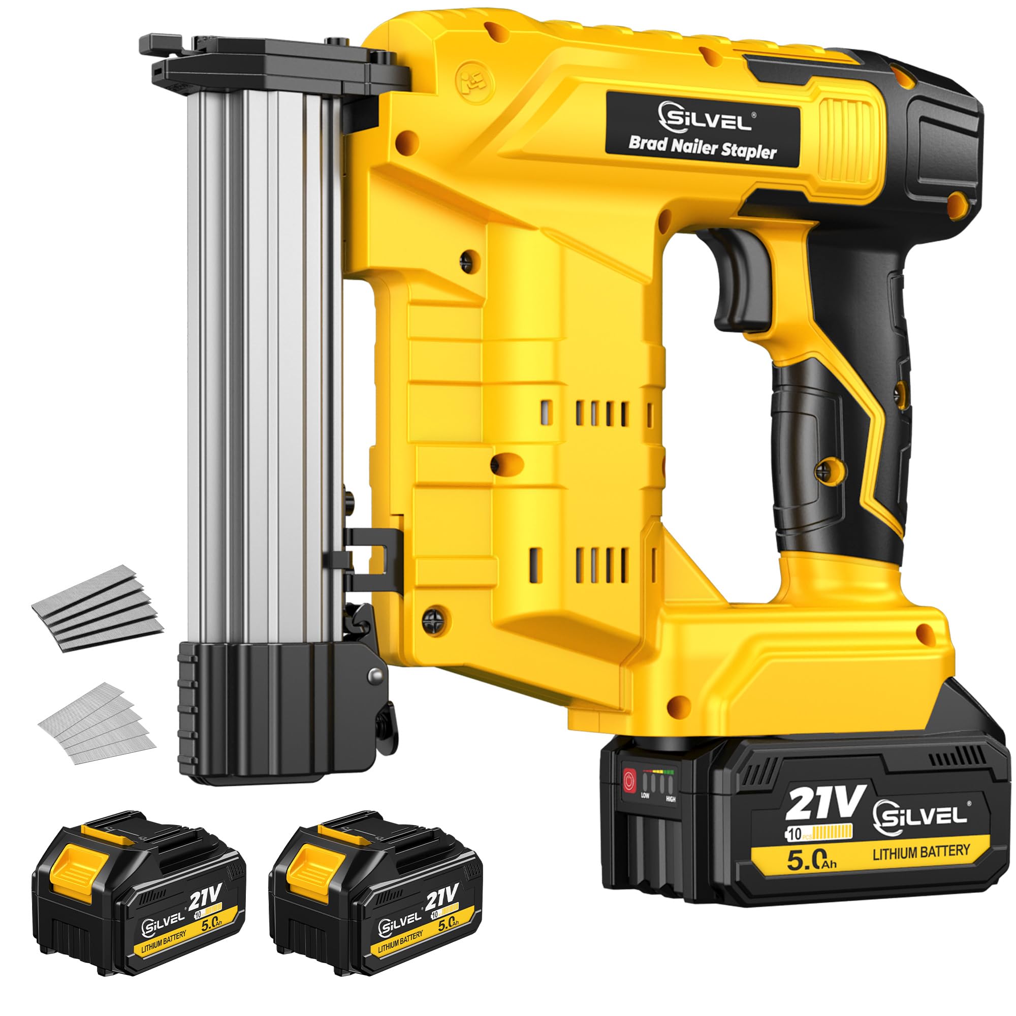 SILVEL 21V Cordless Nail Gun, 2-in-1 Electric Brad Nailer Stapler Gun with 2 * 5.0Ah Battery Powered, 1000pcs Nails, 18GA Staples,for Woodworking,
