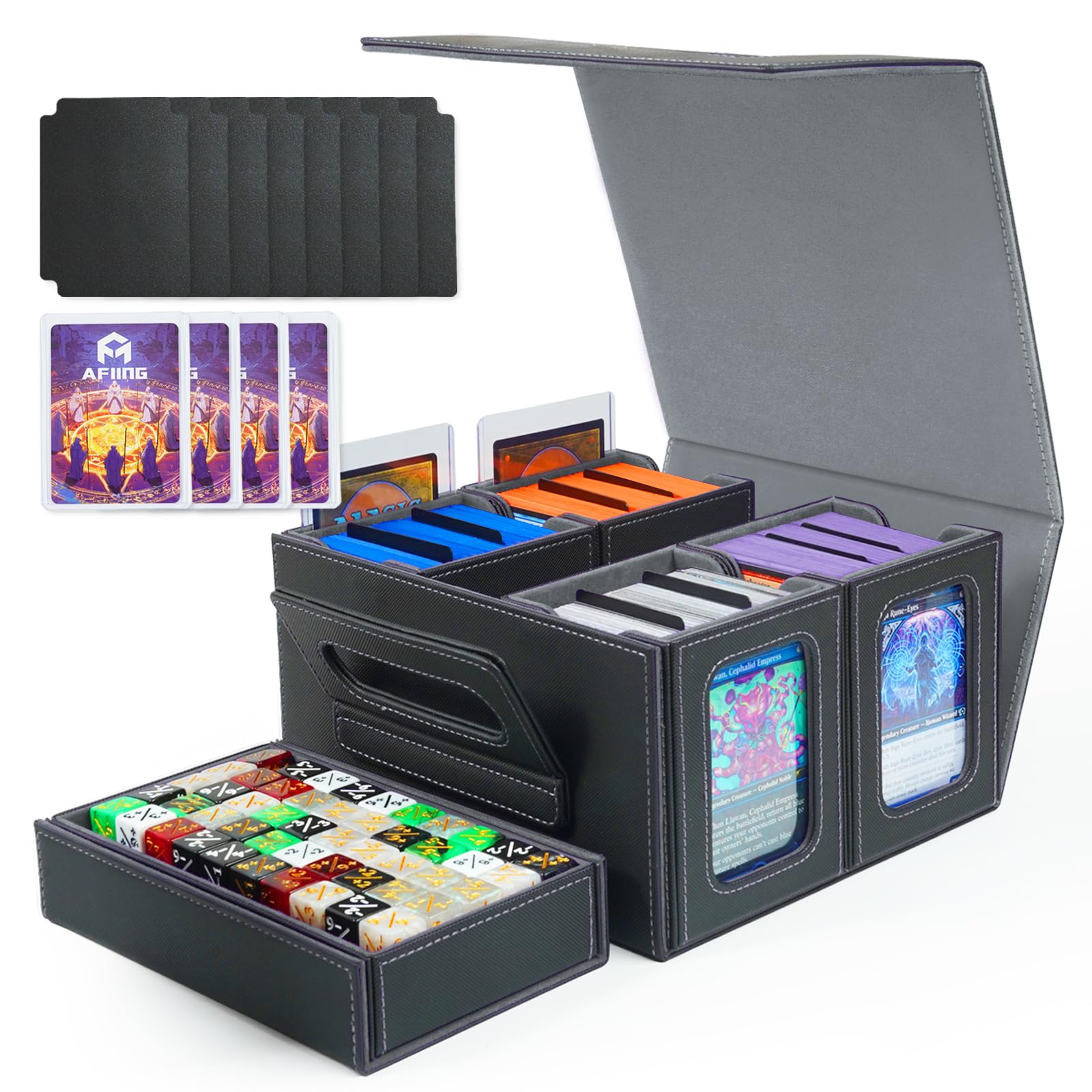 AFIING Commander Deck Box for MTG, Holds 400+ Double-Sleeved Cards, 5-in-1 Trading Card Storage Box with 4 Removable Deck Cases, Dice Tray & Handle (Grey)