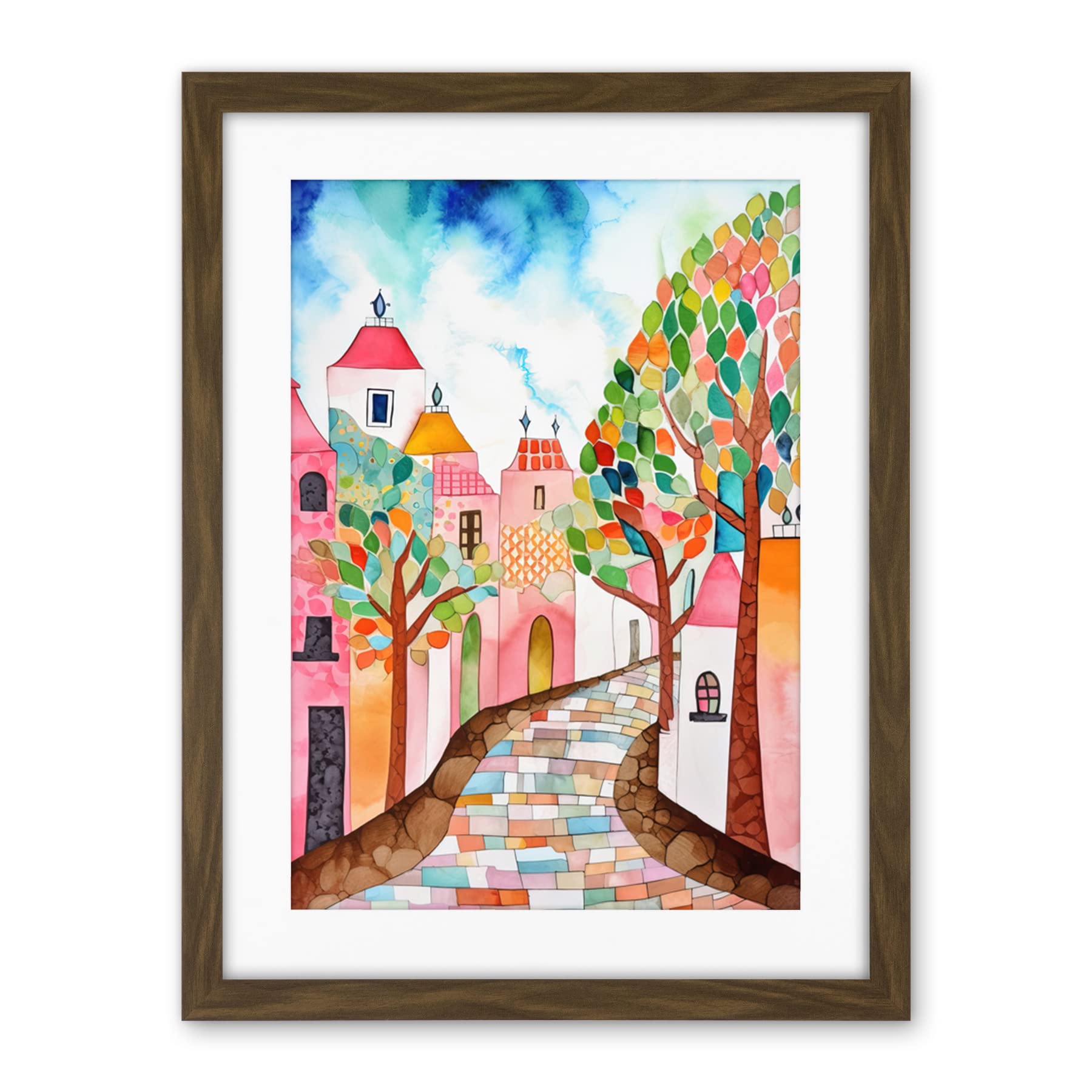 Artery8 Cobblestone Street In Spring Folk Art Artwork Framed Wall Art Print 18X24 Inch