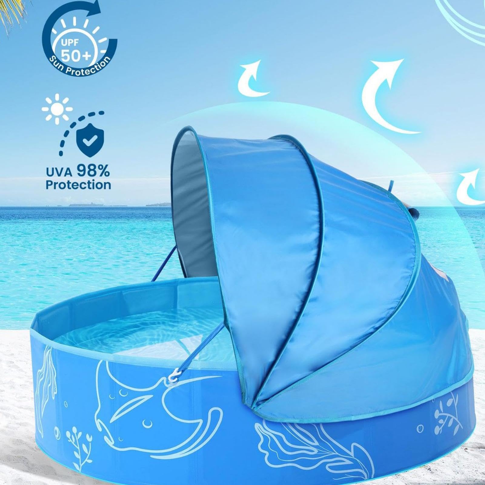 Piscina per Bambini con Ombreggiante Tenda Pieghevole Per Attività Di | Piscina Per Bambini Con Tettuccio Outdoor Giardino Piccoli Spiaggia Mare Nuoto Vacanza Sole