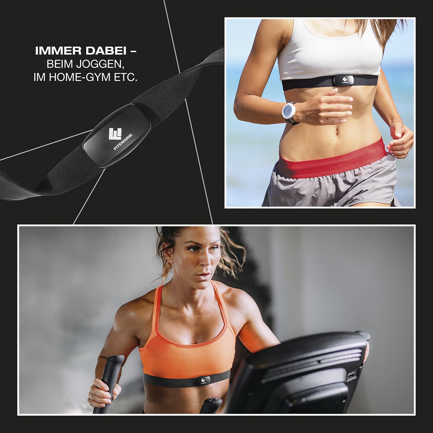 FitEngine Herzfrequenzmesser | Pulsmessung beim Ausdauer- & Cardiotraining | Bluetooth Funktion für IOS & Android | Gurt erweiterbar auf bis zu 90 cm, schwarz, Einheitsgröße