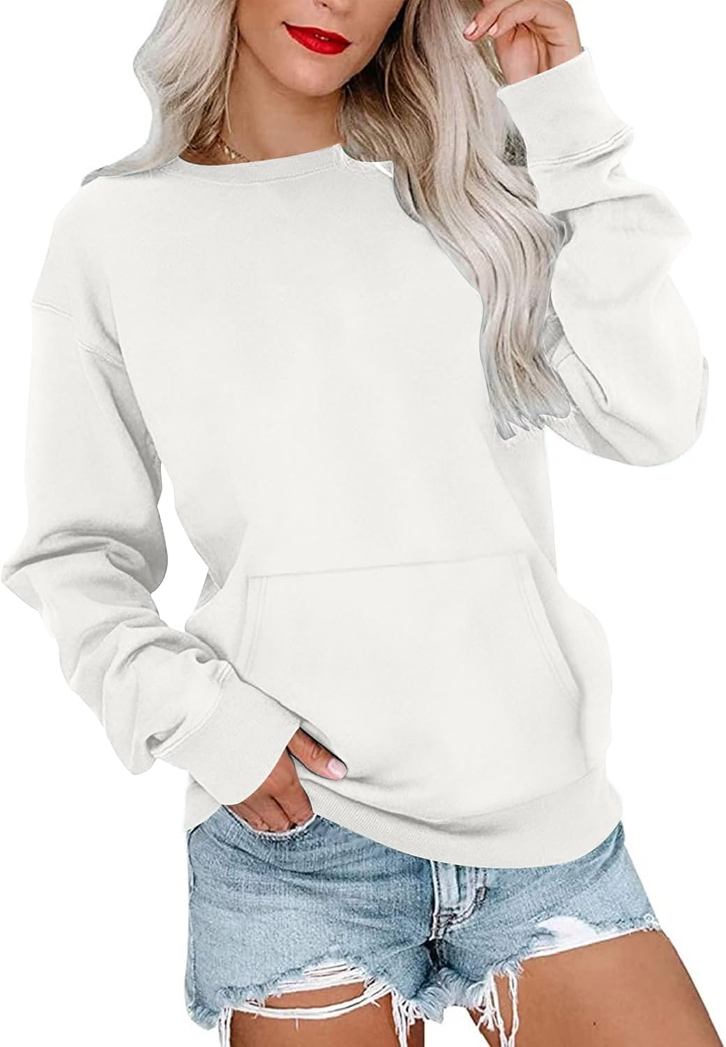 MISFAY Womens Oversized Sweatshirt Casual Long Sleeve Crewneck Hoodie Solid Pullover Lightweight Loose Tops with Pocket