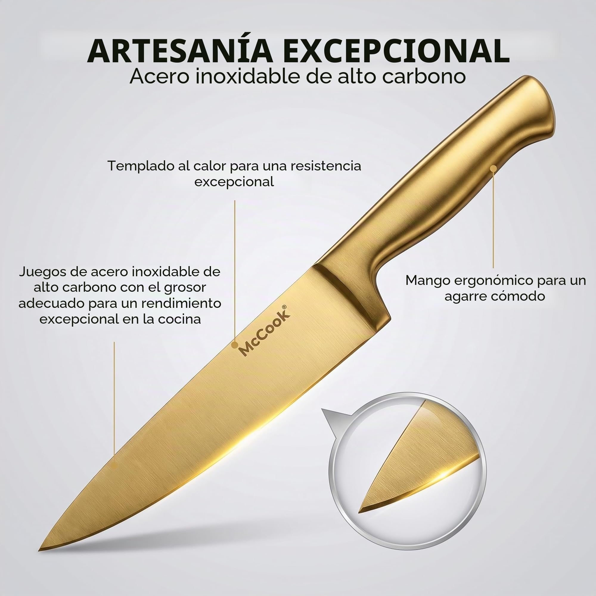 McCook® - Juego de 15 Cuchillos de Cocina de Acero Inoxidable con Titanio Dorado y Afilador Integrado