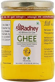 SHREE RADHEY A2 Bilona Gir Cow Ghee | 500 ML | Traditional Bilona Method | Cultured | Premium | Immunity Booster | Pure | Natural | Healthy | Lactose and gluten free | Keto Friendly | Glass Bottle