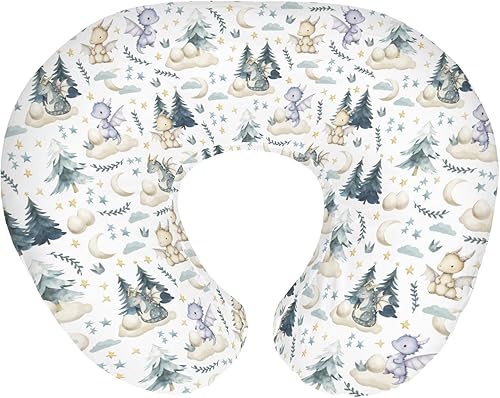 Funda de almohada de lactancia de dragones de cuento de hadas para niños y niñas, diseño de dragón, luna, estrellas, nubes, árboles, huevos, funda