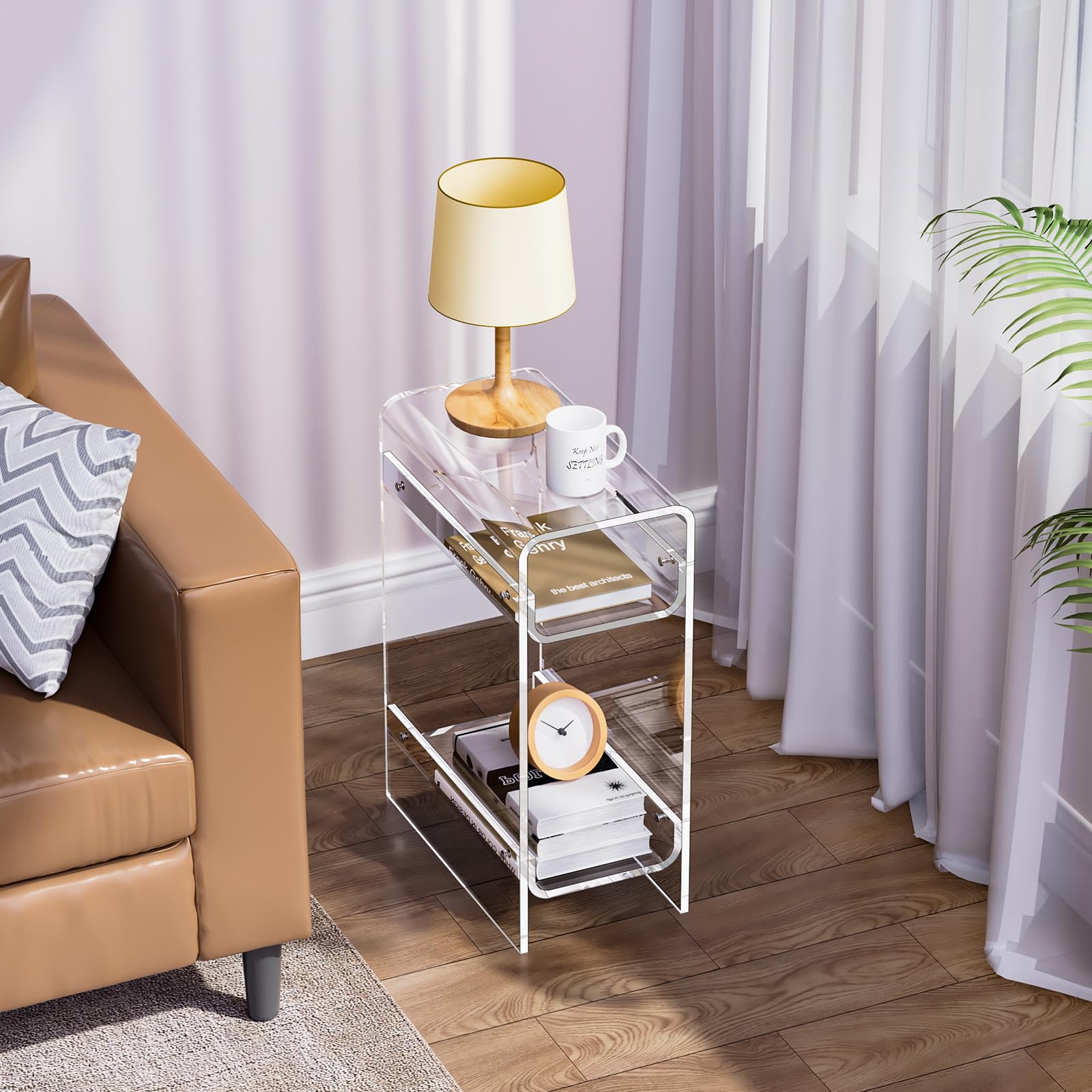 Beistelltisch aus transparentem Acryl, schmal, schmaler Beistelltisch für kleine Räume, schmaler Nachttisch, Nachttisch für Schlafzimmer, Wohnzimmer, Büro (transparent, breit)