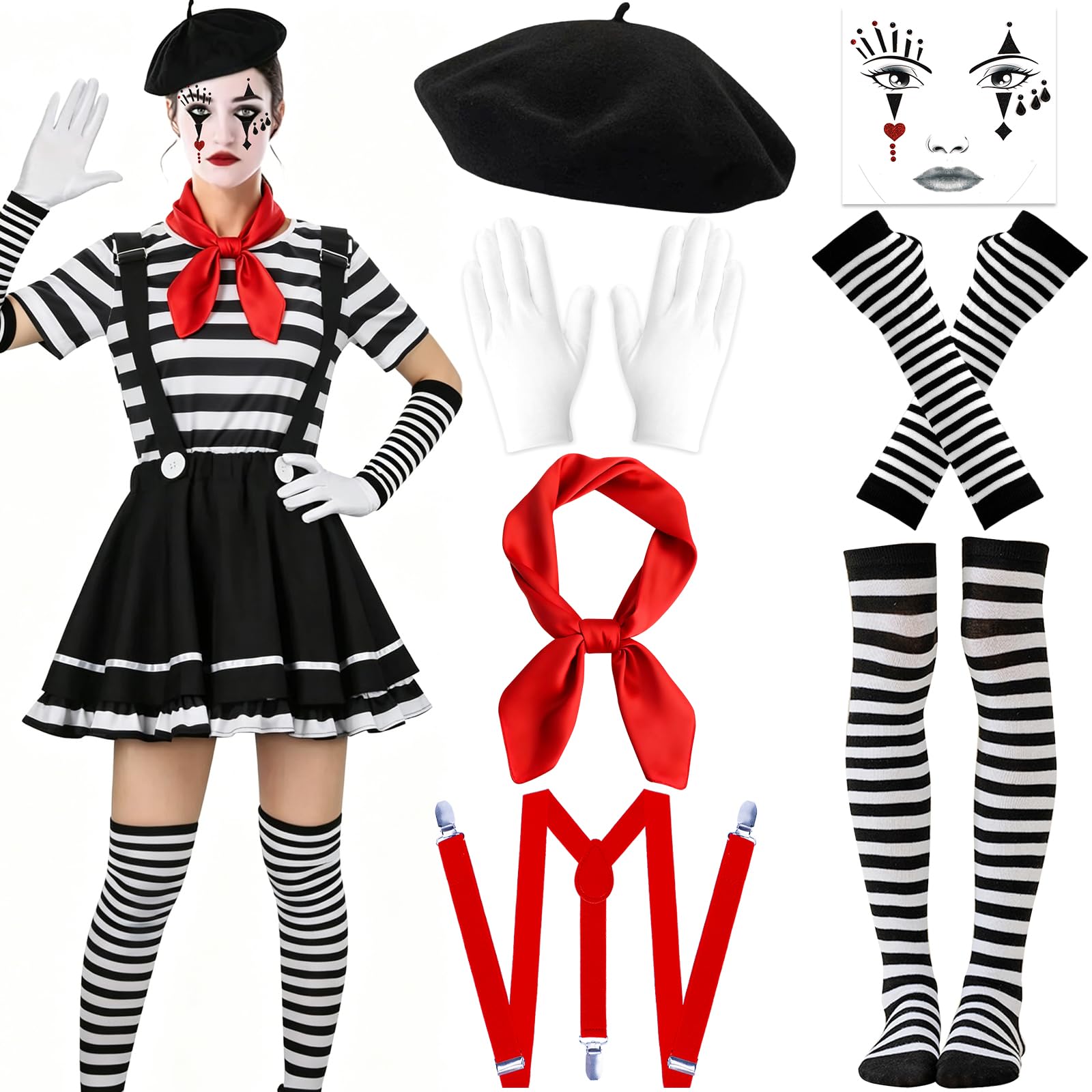 7 Pcs Women Mime Costume Set, French Pantomime Artist Fancy Dress Outfit with French Beret, Scarf, Gloves, Stockings, Face Stickers, Suspenders and Black & White Striped Top for World Book Day Cosplay