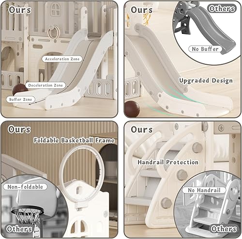 Miniatura 6 de YUFU Tobogán 9 en 1 para niños pequeños de 1 a 3 años, tobogán escalador con lanzamiento de anillo, túnel, pasillo y aro de baloncesto, juego para