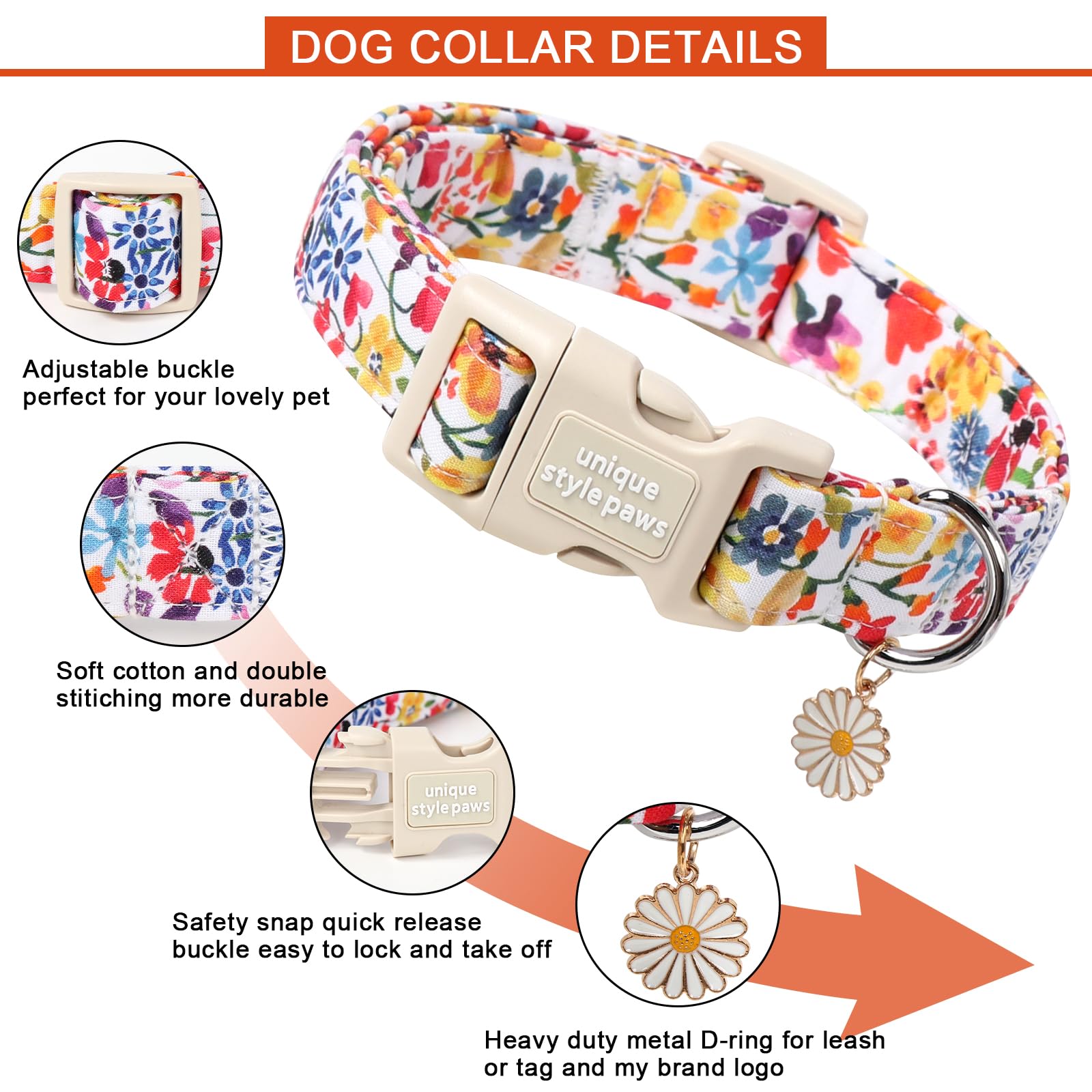 Unique style paws Dog Collar Quick Release Cotton Colorful Flower Collar Gift Durable Cute Collar for Small Medium Large Boys Girls Dogs - 3