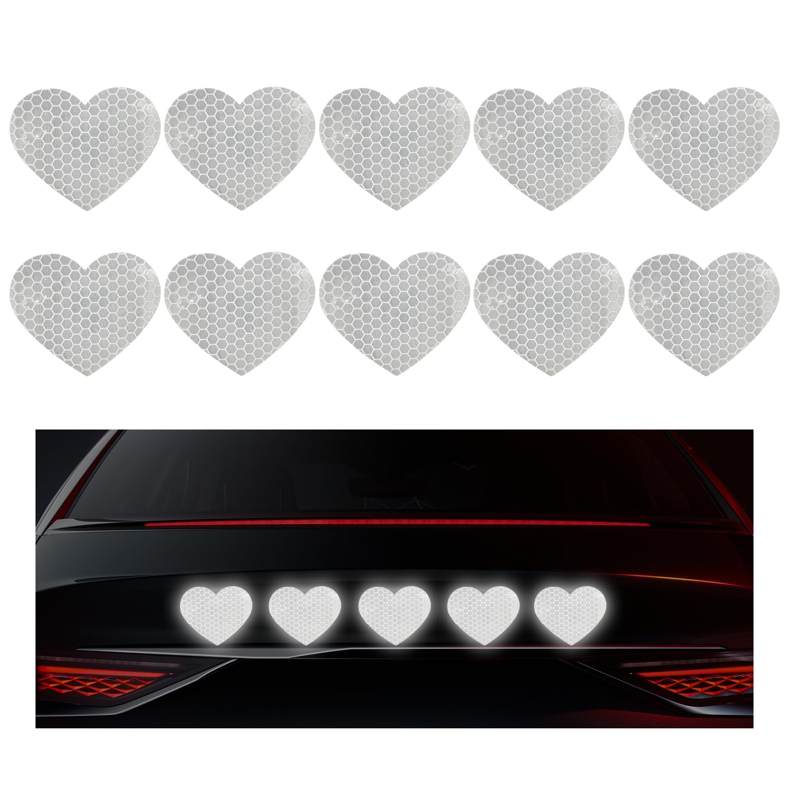 10PCS Vinyl Decal for Cars, High Intensity Reflective Sticker Night Safety Sign Bumper Decals, Waterproof Grid Vinyl Stickers Scratch Cover for Auto Window Laptop (Heart, White)