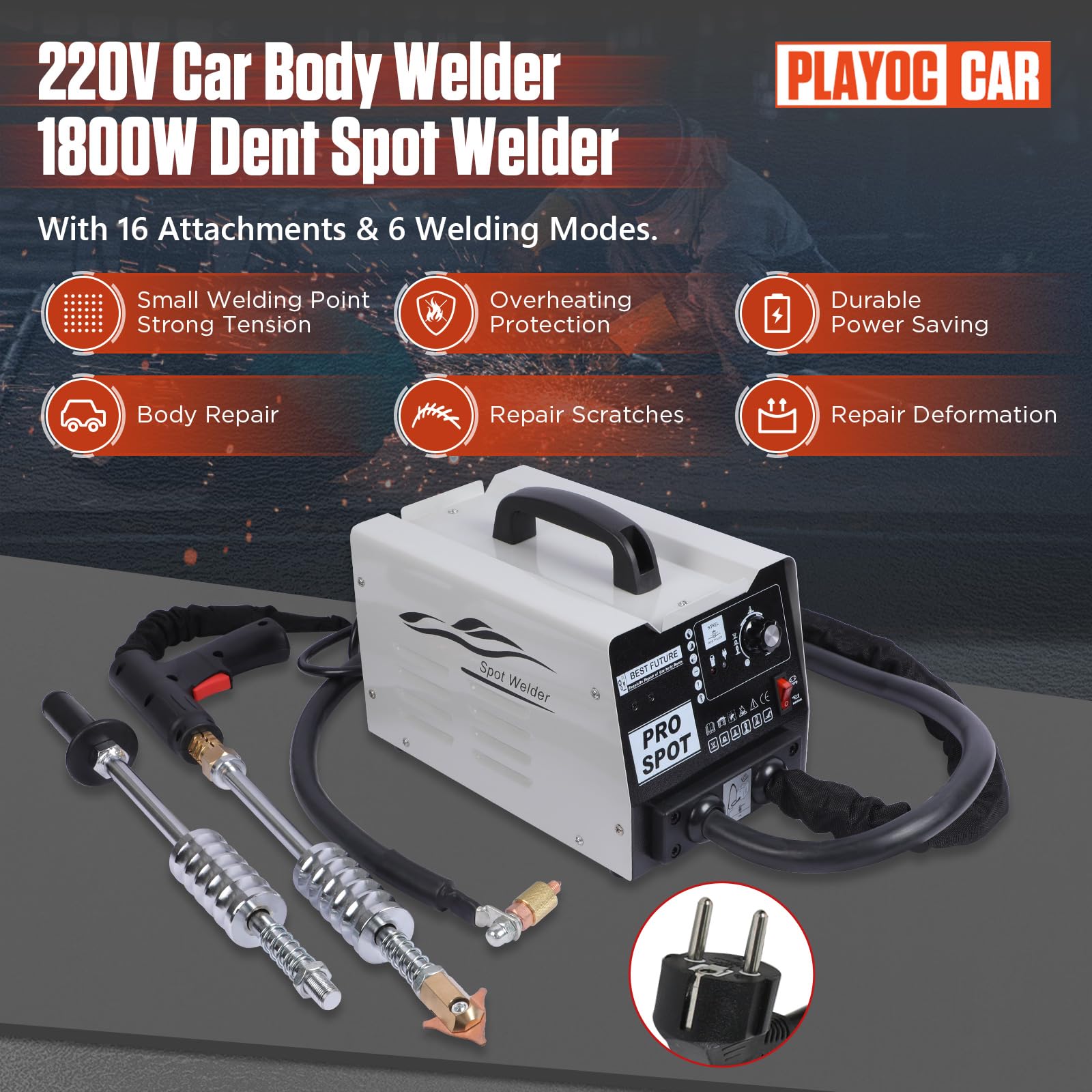 PLAYOCCAR 220V Soldador Carrocerías 1800W Soldador Abolladuras Puntos 16 Accesorios & 6 Modos Soldadura, Herramienta Quitar Abolladuras, Kit Herramientas Reparación Capós y Puertas.
